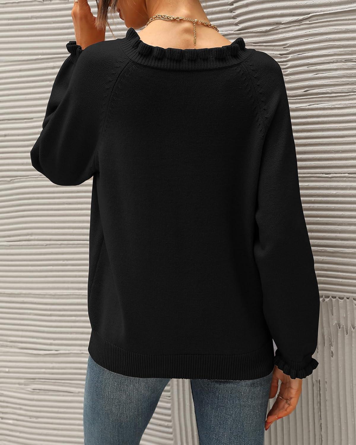 imageBTFBM Womens Sweaters Fall Winter Clothes 2025 Long Sleeve Button Down Ruffle Crew Neck Casual Knitted Pullover TopsBlack