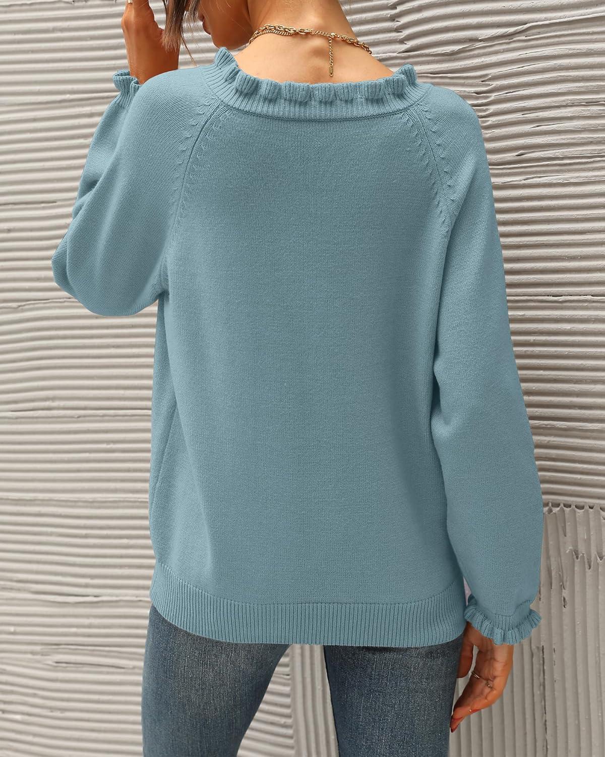 imageBTFBM Womens Sweaters Fall Winter Clothes 2025 Long Sleeve Button Down Ruffle Crew Neck Casual Knitted Pullover TopsBlue