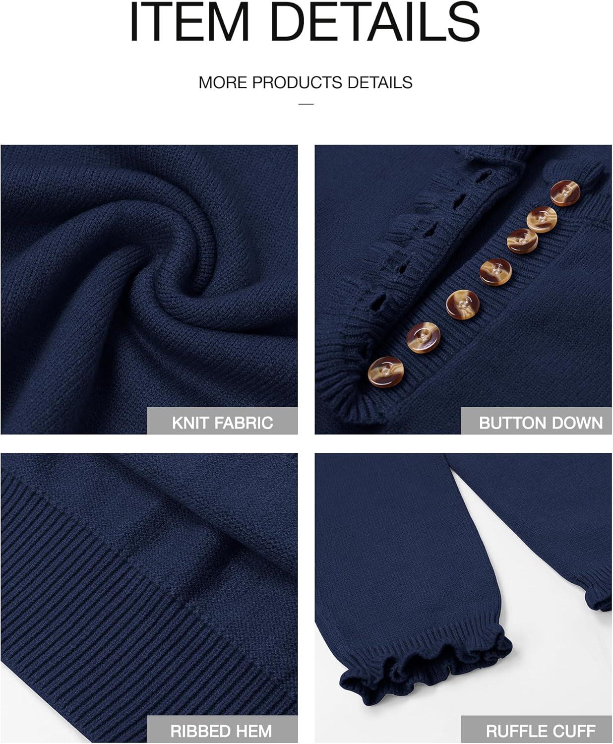 imageBTFBM Womens Sweaters Fall Winter Clothes 2025 Long Sleeve Button Down Ruffle Crew Neck Casual Knitted Pullover TopsBright Blue