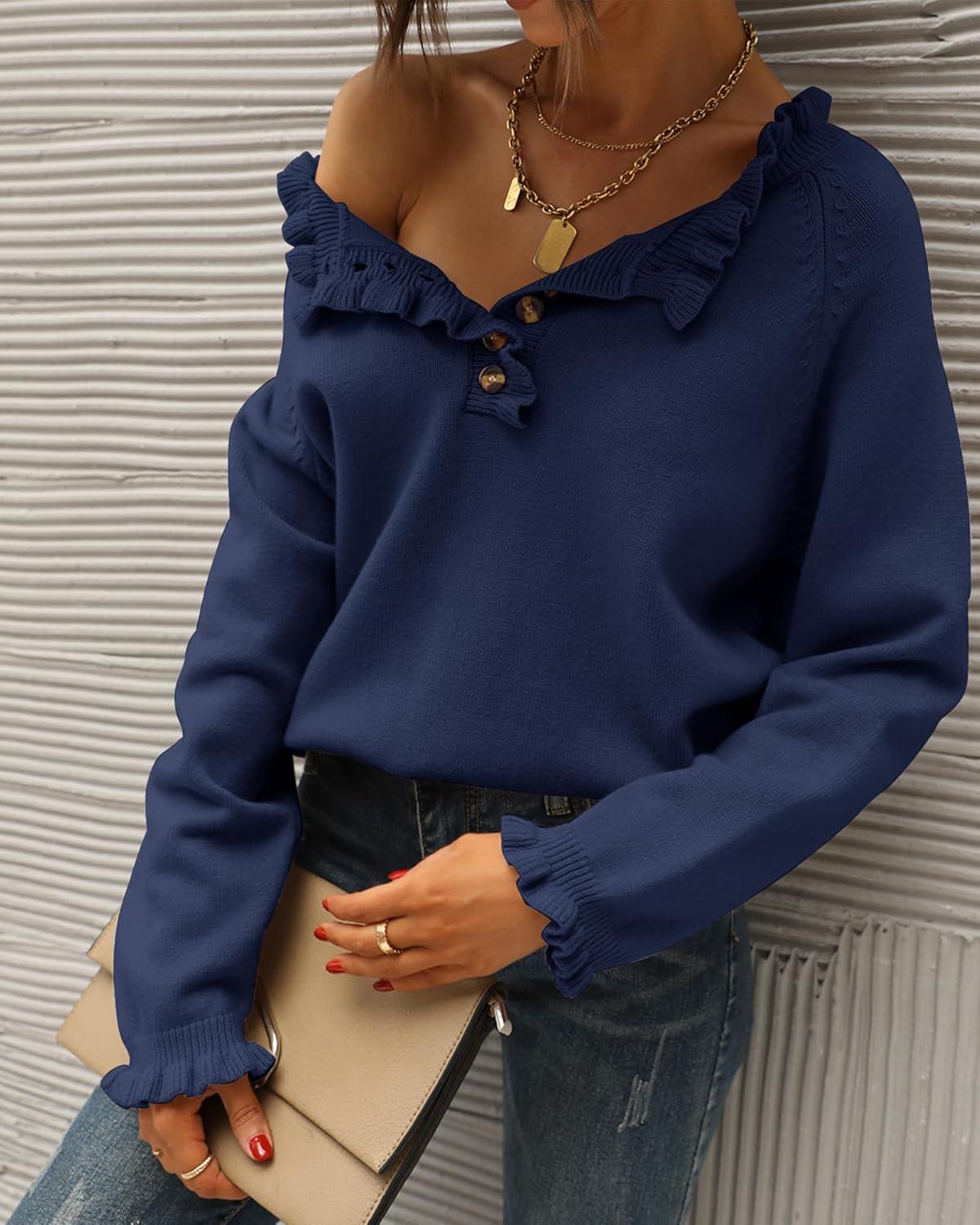 imageBTFBM Womens Sweaters Fall Winter Clothes 2025 Long Sleeve Button Down Ruffle Crew Neck Casual Knitted Pullover TopsBright Blue