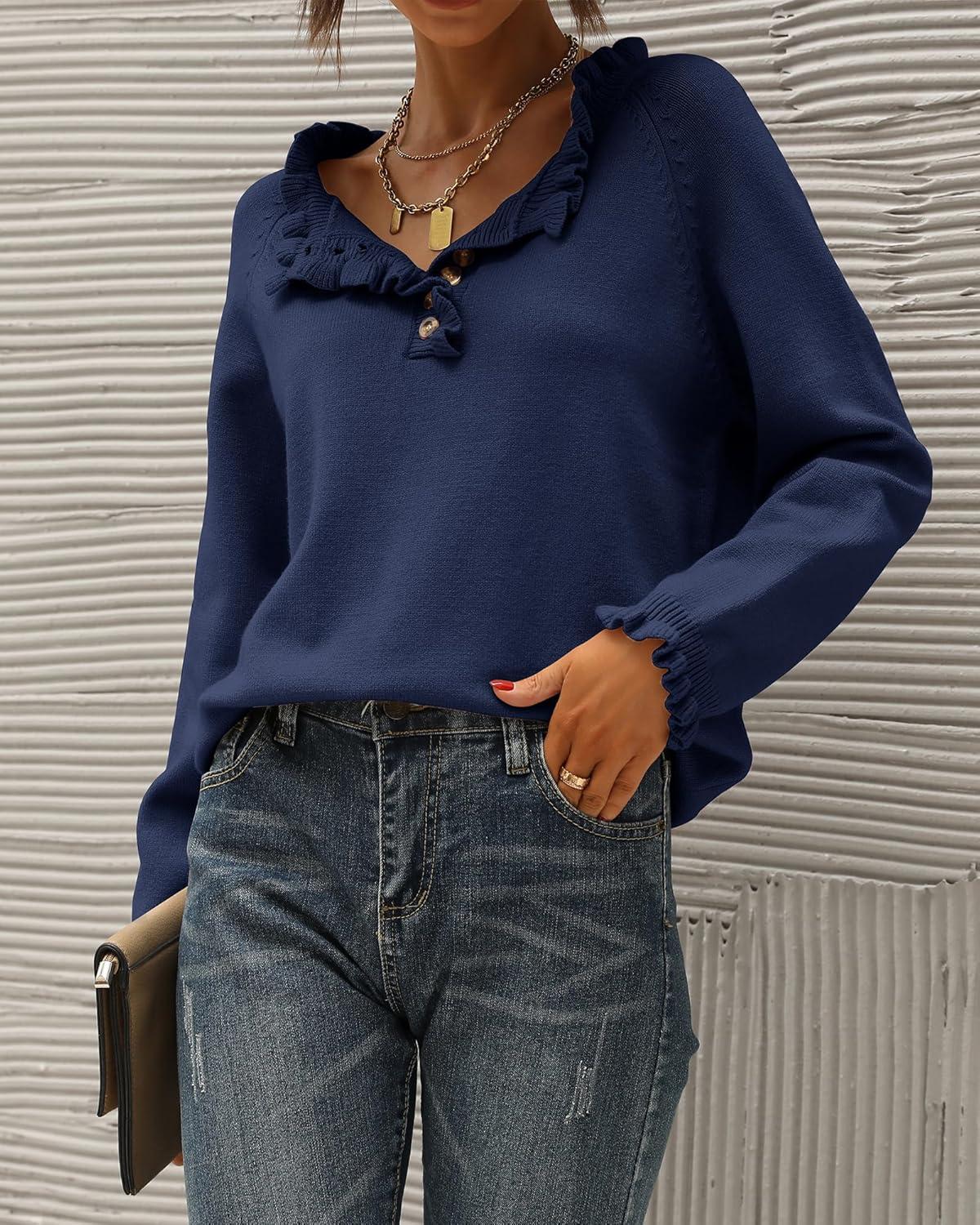 imageBTFBM Womens Sweaters Fall Winter Clothes 2025 Long Sleeve Button Down Ruffle Crew Neck Casual Knitted Pullover TopsBright Blue