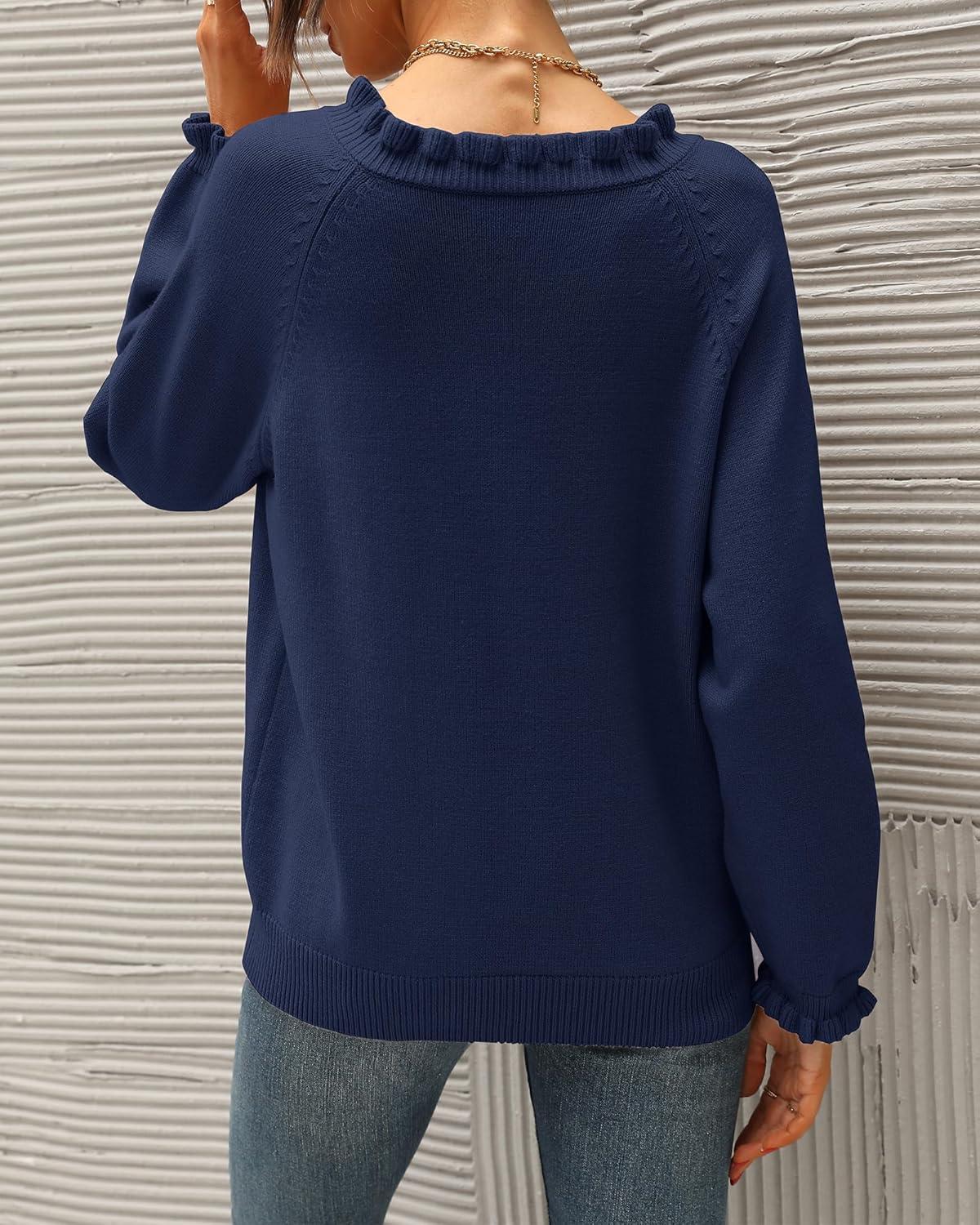 imageBTFBM Womens Sweaters Fall Winter Clothes 2025 Long Sleeve Button Down Ruffle Crew Neck Casual Knitted Pullover TopsBright Blue