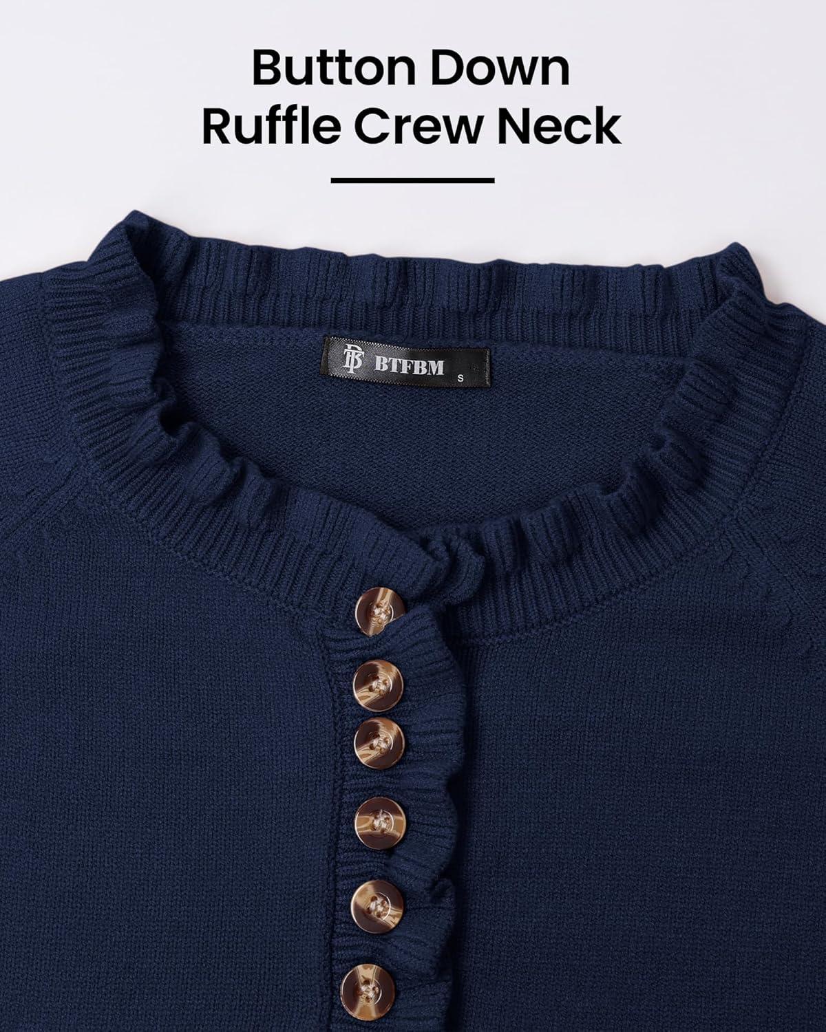 imageBTFBM Womens Sweaters Fall Winter Clothes 2025 Long Sleeve Button Down Ruffle Crew Neck Casual Knitted Pullover TopsBright Blue