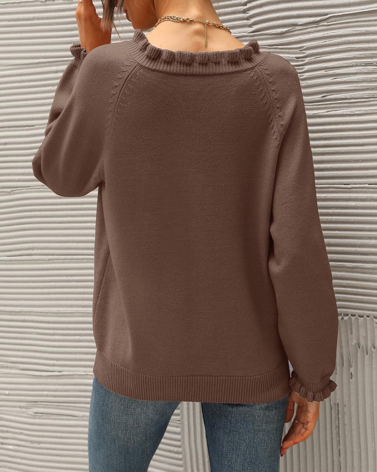 imageBTFBM Womens Sweaters Fall Winter Clothes 2025 Long Sleeve Button Down Ruffle Crew Neck Casual Knitted Pullover TopsBrown Camel