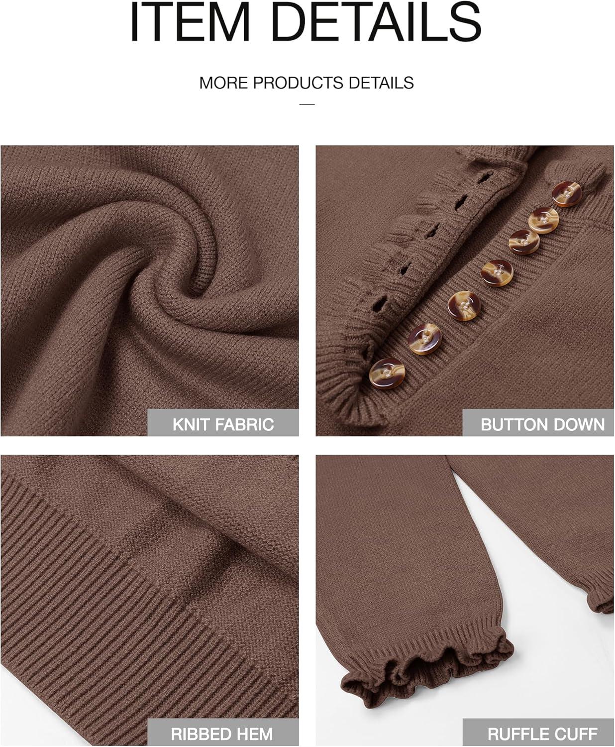 imageBTFBM Womens Sweaters Fall Winter Clothes 2025 Long Sleeve Button Down Ruffle Crew Neck Casual Knitted Pullover TopsBrown Camel