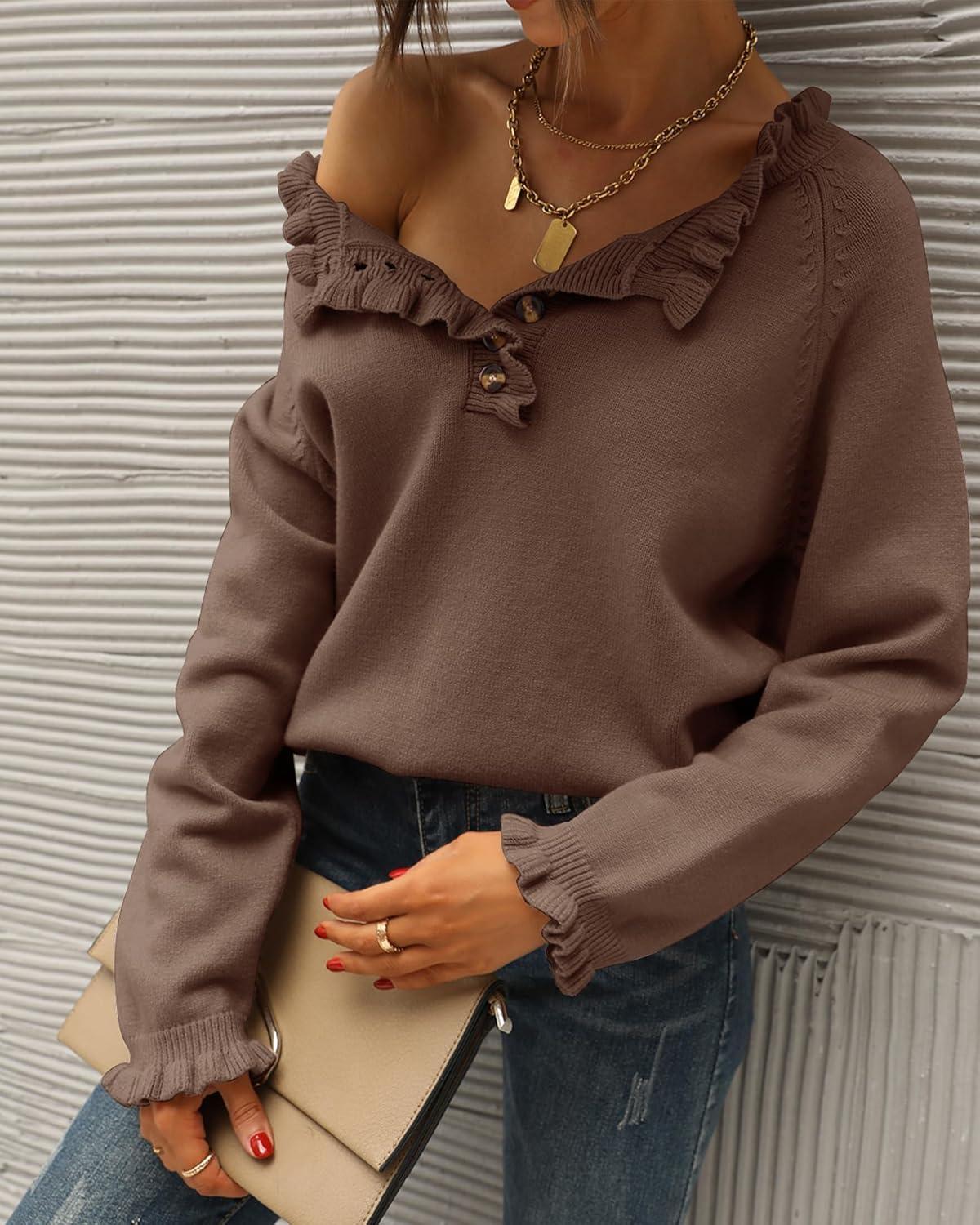 imageBTFBM Womens Sweaters Fall Winter Clothes 2025 Long Sleeve Button Down Ruffle Crew Neck Casual Knitted Pullover TopsBrown Camel