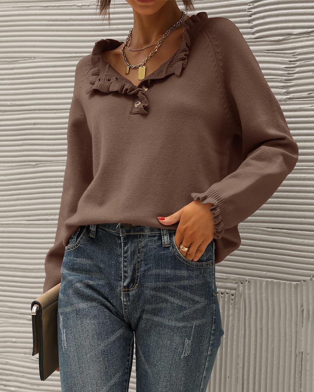 imageBTFBM Womens Sweaters Fall Winter Clothes 2025 Long Sleeve Button Down Ruffle Crew Neck Casual Knitted Pullover TopsBrown Camel