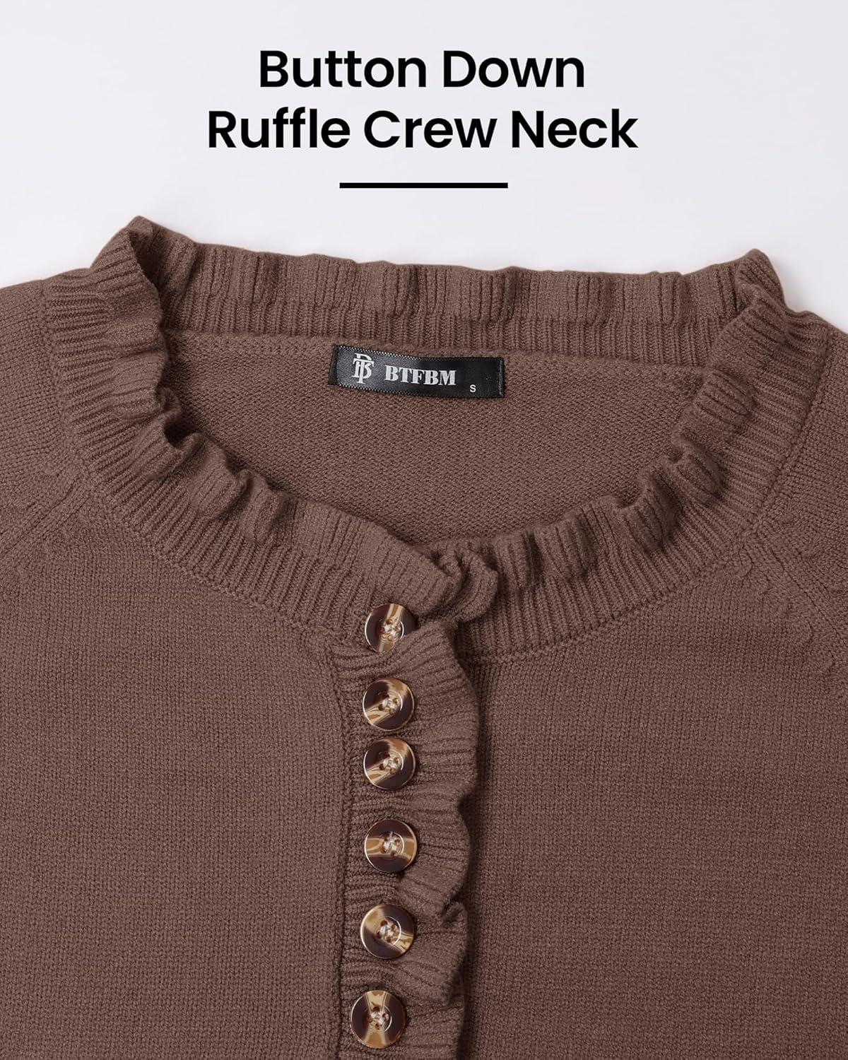 imageBTFBM Womens Sweaters Fall Winter Clothes 2025 Long Sleeve Button Down Ruffle Crew Neck Casual Knitted Pullover TopsBrown Camel