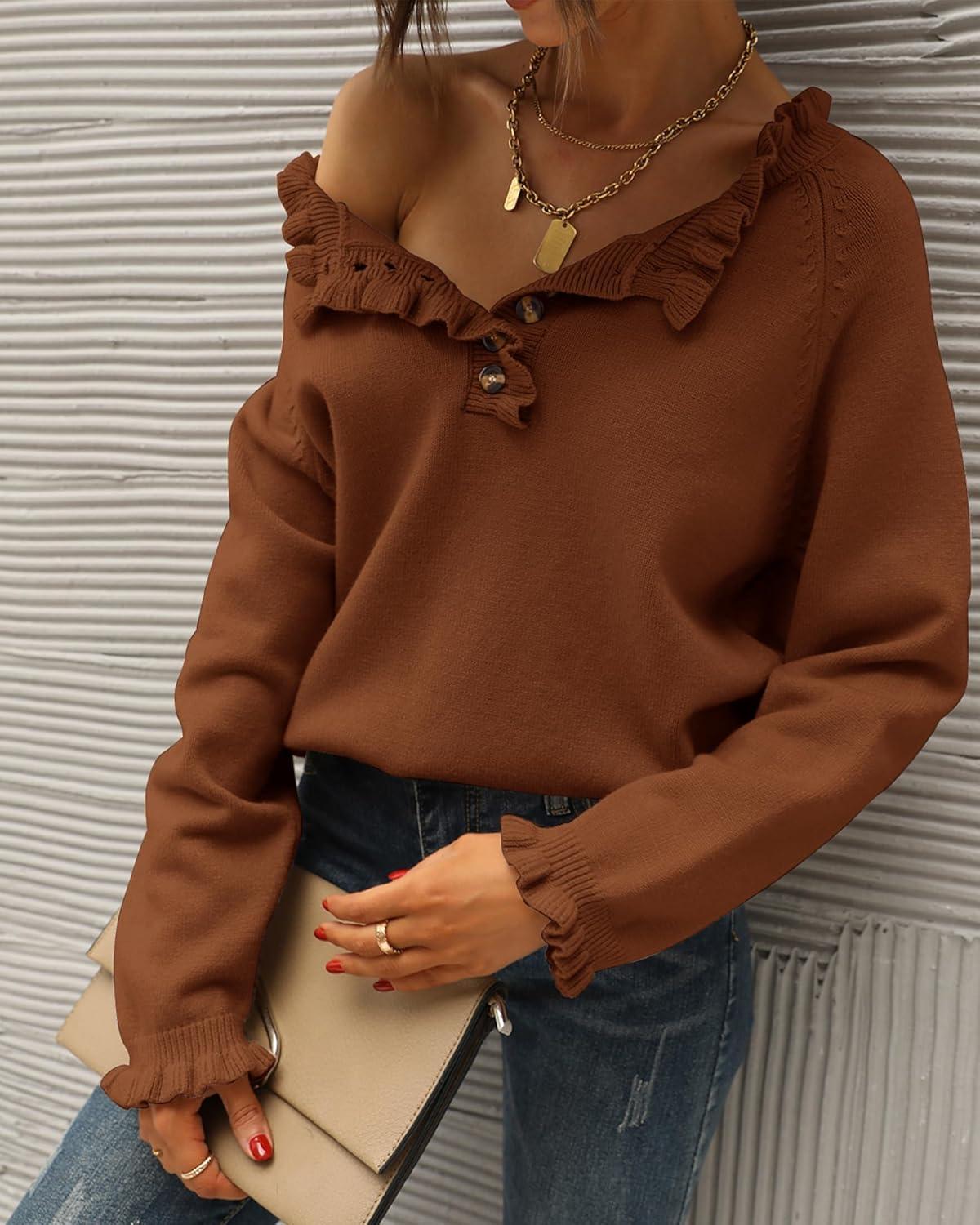 imageBTFBM Womens Sweaters Fall Winter Clothes 2025 Long Sleeve Button Down Ruffle Crew Neck Casual Knitted Pullover TopsBrown Coffee