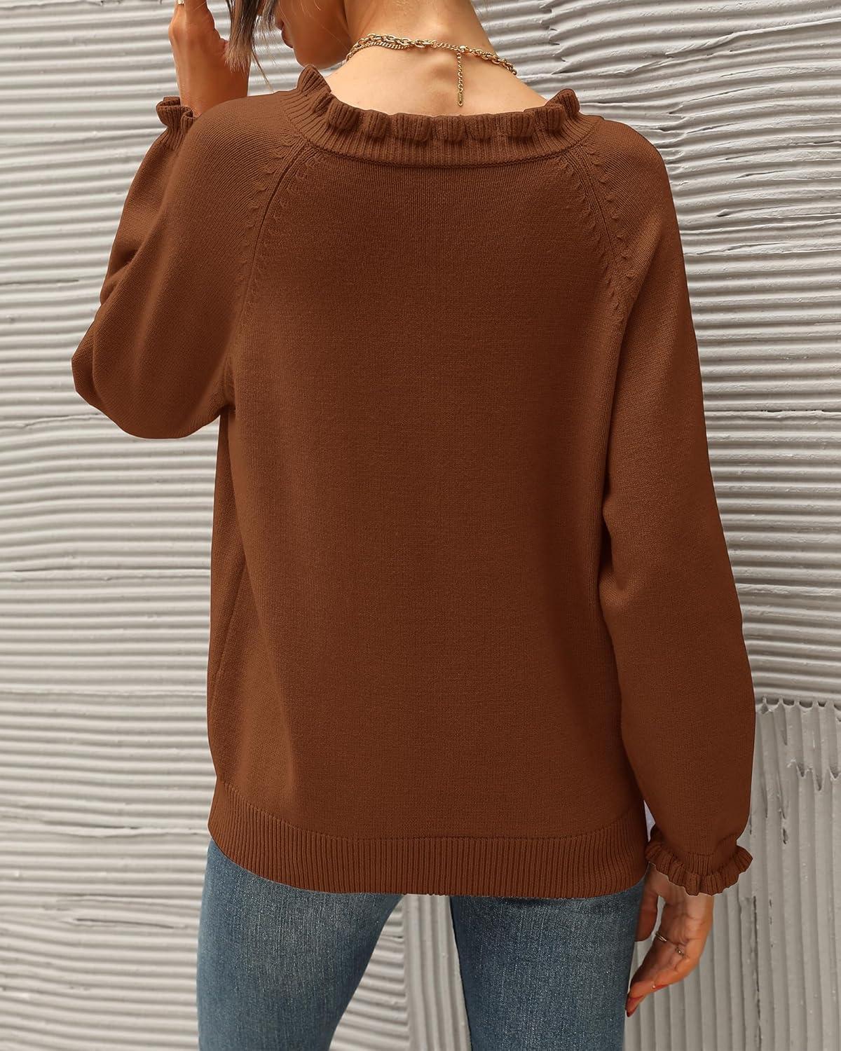 imageBTFBM Womens Sweaters Fall Winter Clothes 2025 Long Sleeve Button Down Ruffle Crew Neck Casual Knitted Pullover TopsBrown Coffee