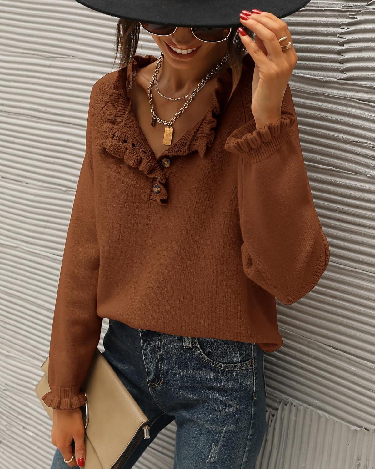 imageBTFBM Womens Sweaters Fall Winter Clothes 2025 Long Sleeve Button Down Ruffle Crew Neck Casual Knitted Pullover TopsBrown Coffee