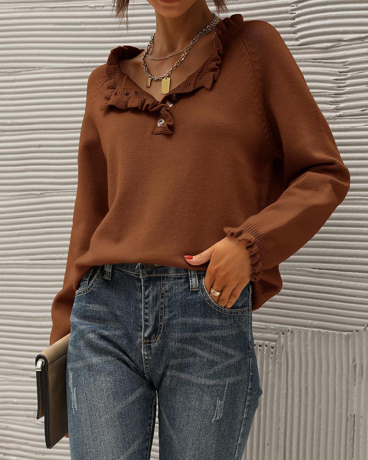 imageBTFBM Womens Sweaters Fall Winter Clothes 2025 Long Sleeve Button Down Ruffle Crew Neck Casual Knitted Pullover TopsBrown Coffee