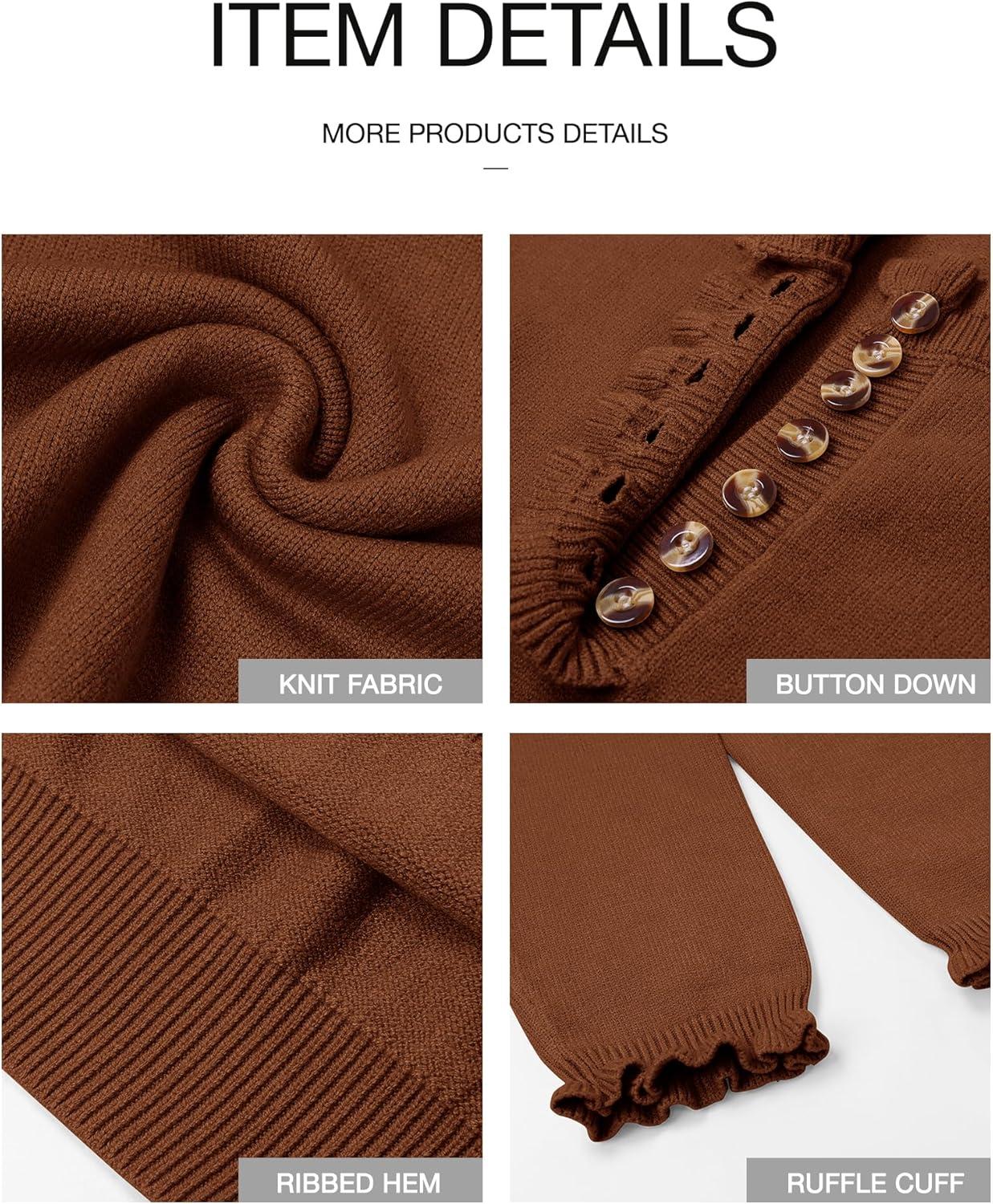 imageBTFBM Womens Sweaters Fall Winter Clothes 2025 Long Sleeve Button Down Ruffle Crew Neck Casual Knitted Pullover TopsBrown Coffee