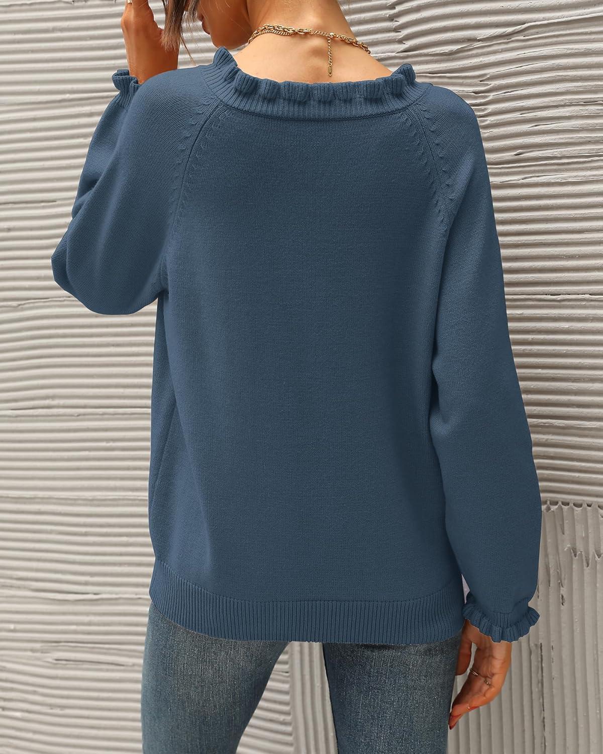 imageBTFBM Womens Sweaters Fall Winter Clothes 2025 Long Sleeve Button Down Ruffle Crew Neck Casual Knitted Pullover TopsDark Blue