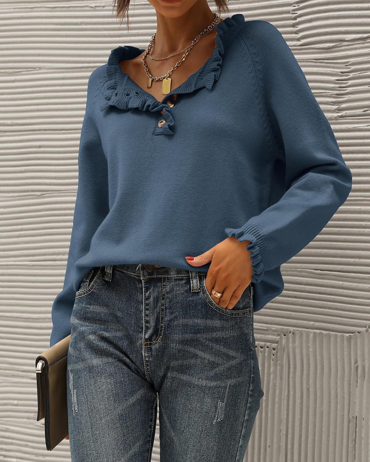 imageBTFBM Womens Sweaters Fall Winter Clothes 2025 Long Sleeve Button Down Ruffle Crew Neck Casual Knitted Pullover TopsDark Blue