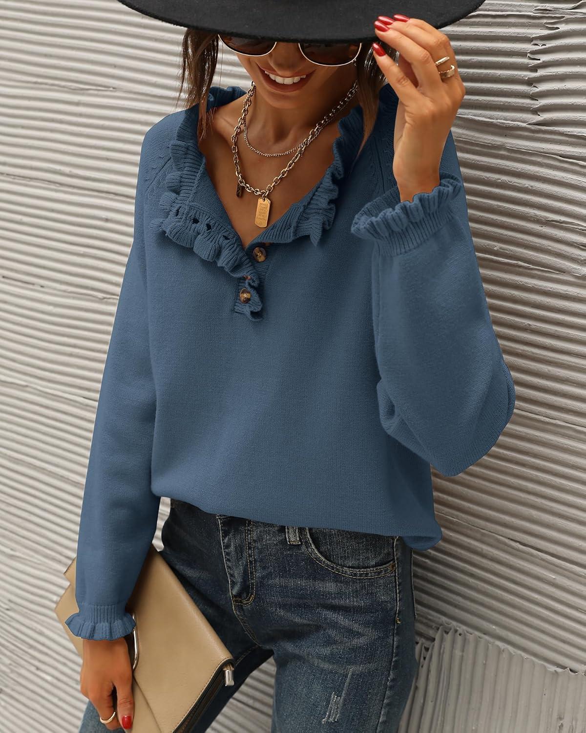 imageBTFBM Womens Sweaters Fall Winter Clothes 2025 Long Sleeve Button Down Ruffle Crew Neck Casual Knitted Pullover TopsDark Blue