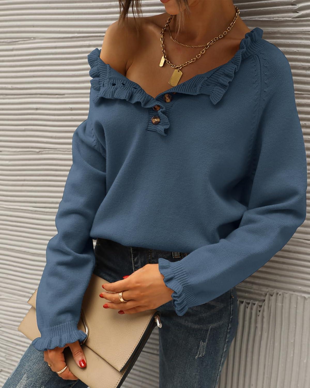 imageBTFBM Womens Sweaters Fall Winter Clothes 2025 Long Sleeve Button Down Ruffle Crew Neck Casual Knitted Pullover TopsDark Blue