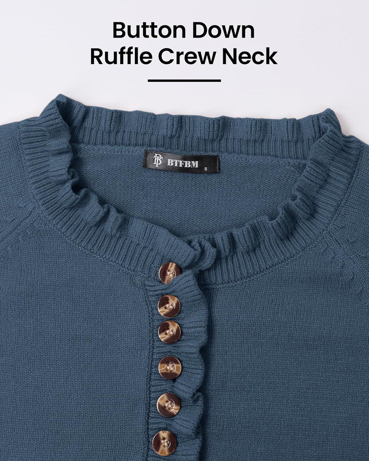imageBTFBM Womens Sweaters Fall Winter Clothes 2025 Long Sleeve Button Down Ruffle Crew Neck Casual Knitted Pullover TopsDark Blue