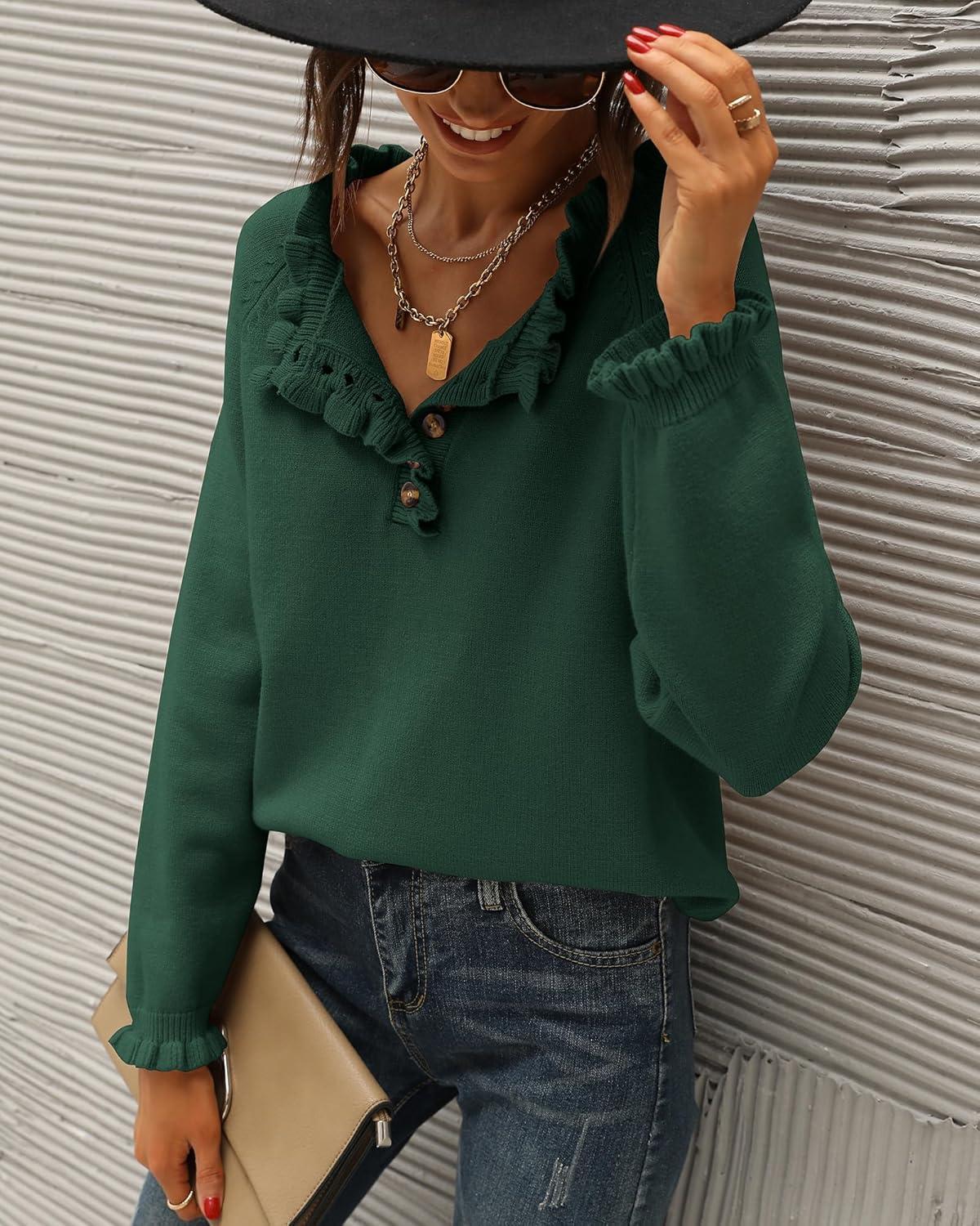 imageBTFBM Womens Sweaters Fall Winter Clothes 2025 Long Sleeve Button Down Ruffle Crew Neck Casual Knitted Pullover TopsDark Green