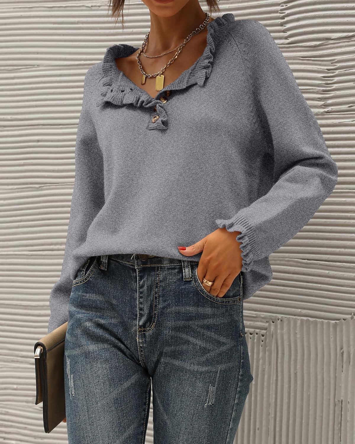 imageBTFBM Womens Sweaters Fall Winter Clothes 2025 Long Sleeve Button Down Ruffle Crew Neck Casual Knitted Pullover TopsGrey