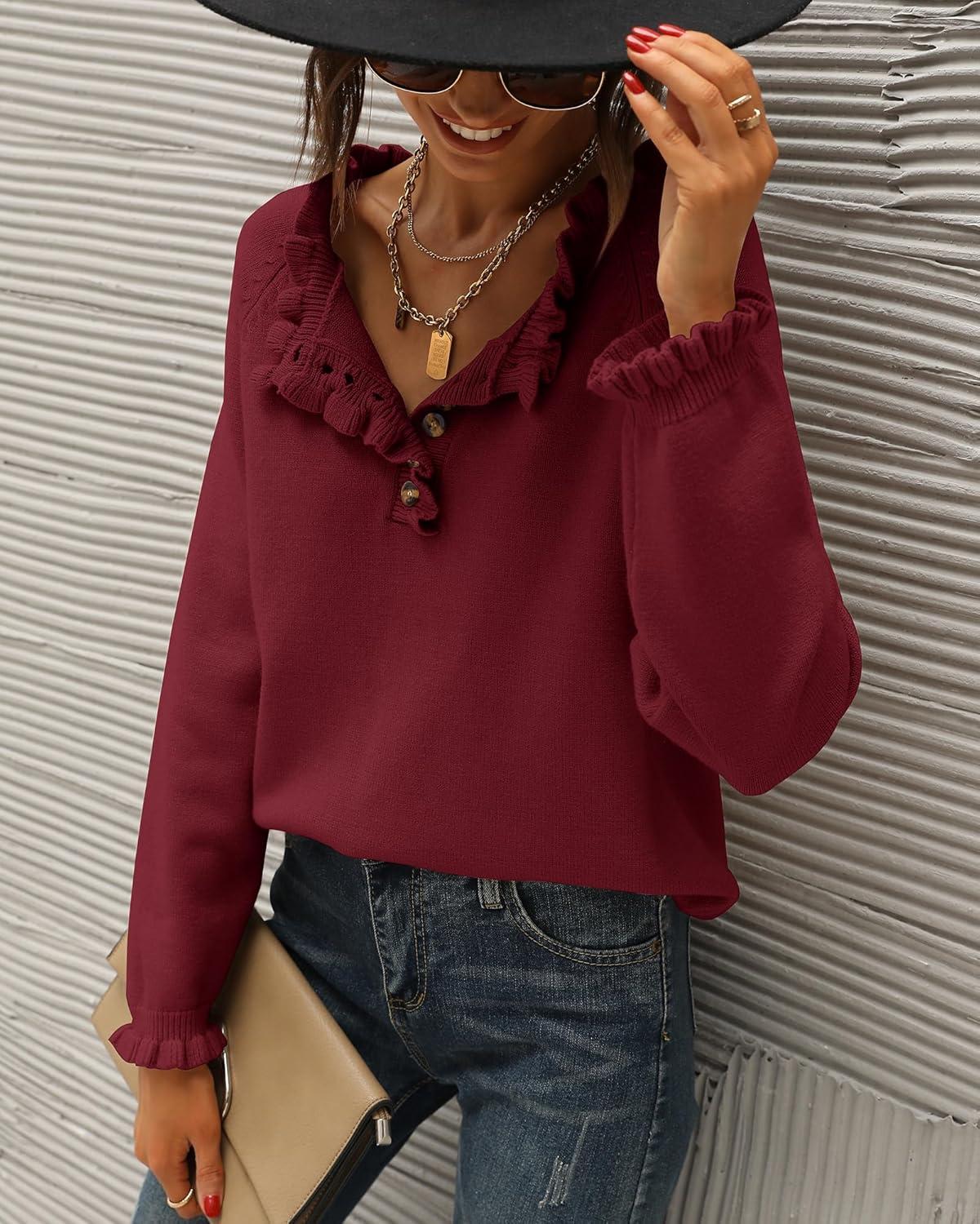 imageBTFBM Womens Sweaters Fall Winter Clothes 2025 Long Sleeve Button Down Ruffle Crew Neck Casual Knitted Pullover TopsJujube Red