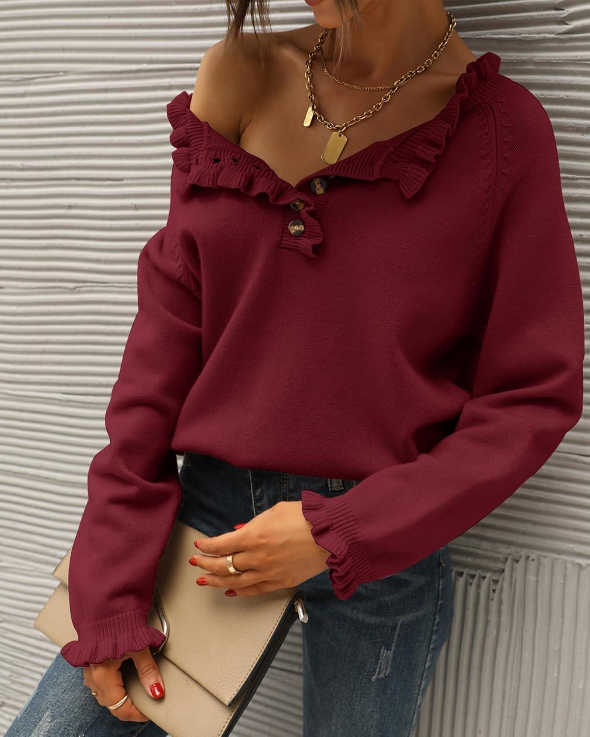 imageBTFBM Womens Sweaters Fall Winter Clothes 2025 Long Sleeve Button Down Ruffle Crew Neck Casual Knitted Pullover TopsJujube Red