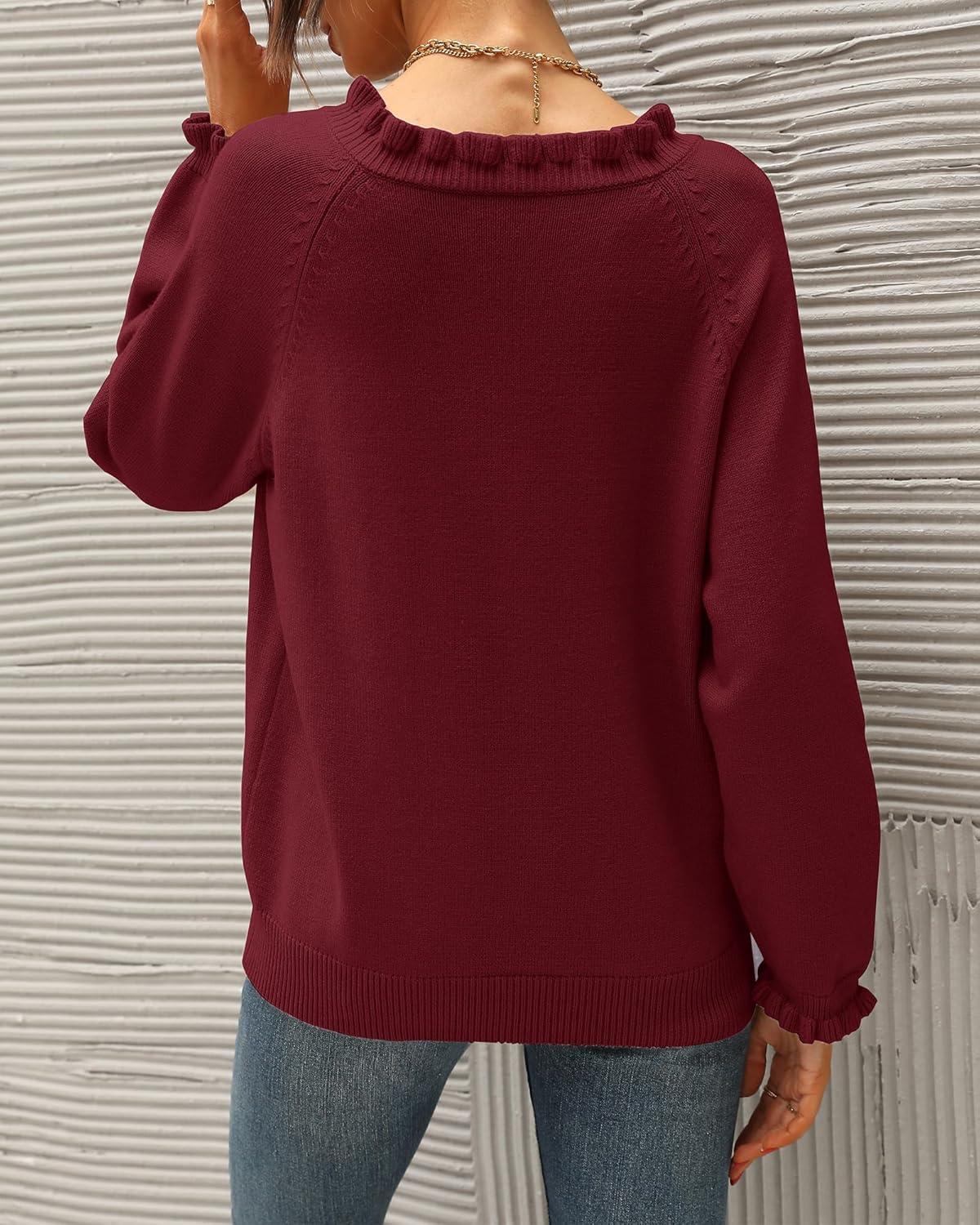 imageBTFBM Womens Sweaters Fall Winter Clothes 2025 Long Sleeve Button Down Ruffle Crew Neck Casual Knitted Pullover TopsJujube Red