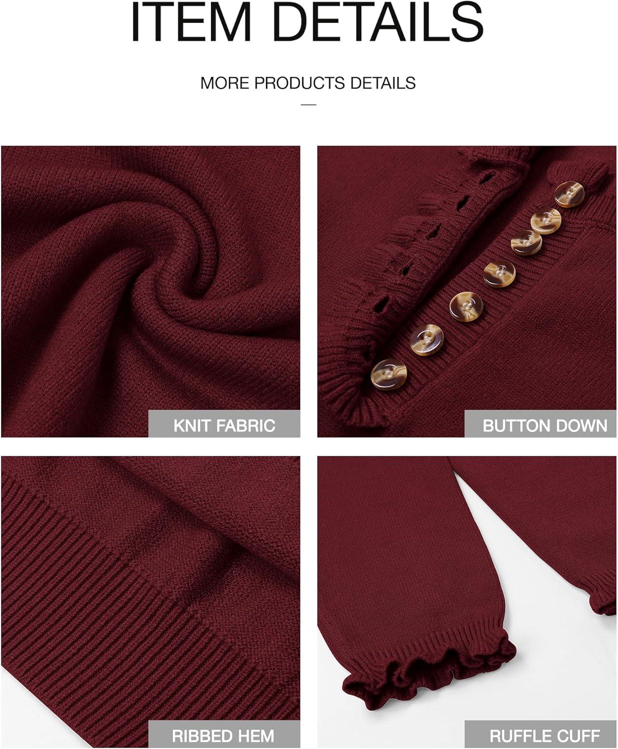imageBTFBM Womens Sweaters Fall Winter Clothes 2025 Long Sleeve Button Down Ruffle Crew Neck Casual Knitted Pullover TopsJujube Red
