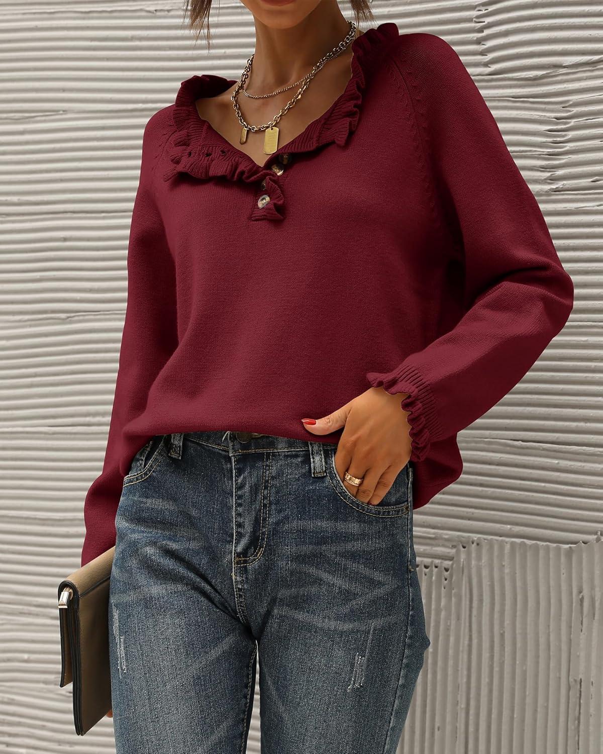 imageBTFBM Womens Sweaters Fall Winter Clothes 2025 Long Sleeve Button Down Ruffle Crew Neck Casual Knitted Pullover TopsJujube Red