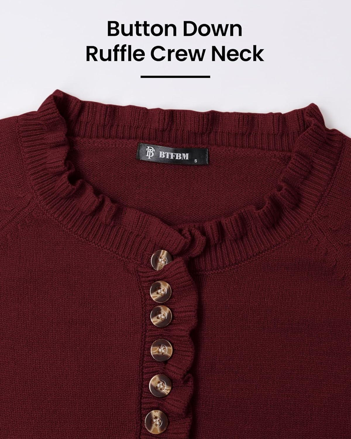 imageBTFBM Womens Sweaters Fall Winter Clothes 2025 Long Sleeve Button Down Ruffle Crew Neck Casual Knitted Pullover TopsJujube Red