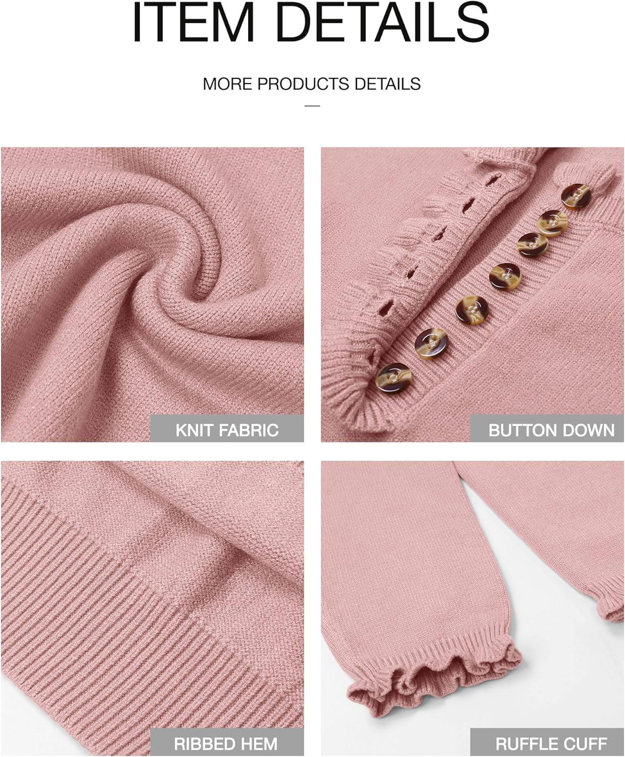 imageBTFBM Womens Sweaters Fall Winter Clothes 2025 Long Sleeve Button Down Ruffle Crew Neck Casual Knitted Pullover TopsMid Pink