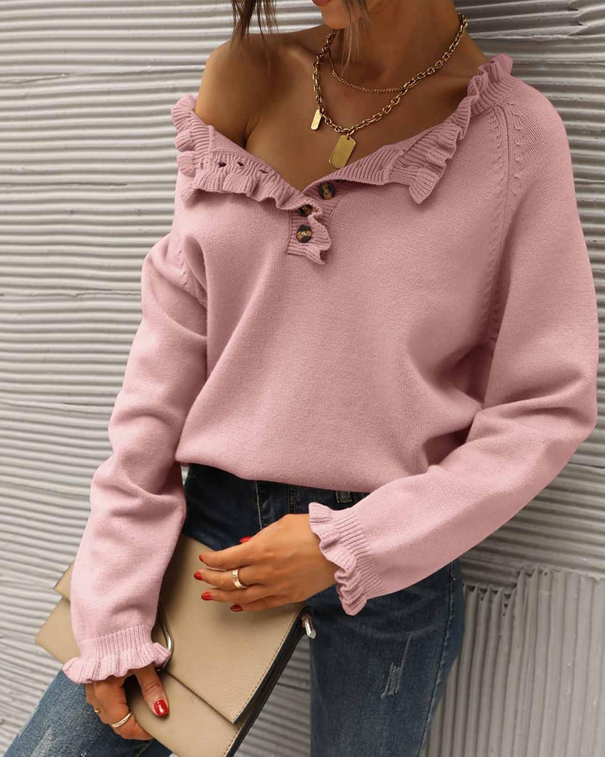 imageBTFBM Womens Sweaters Fall Winter Clothes 2025 Long Sleeve Button Down Ruffle Crew Neck Casual Knitted Pullover TopsMid Pink