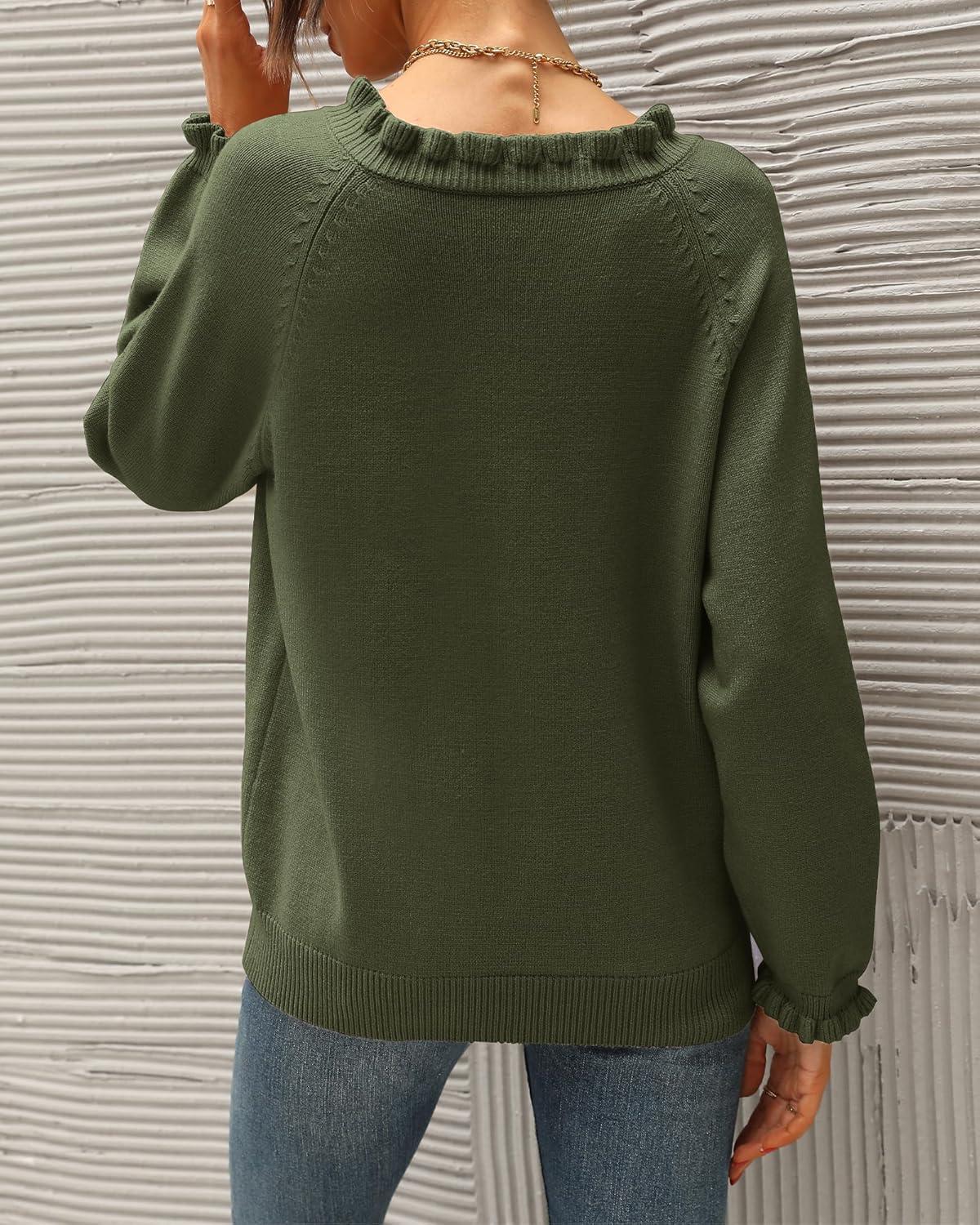 imageBTFBM Womens Sweaters Fall Winter Clothes 2025 Long Sleeve Button Down Ruffle Crew Neck Casual Knitted Pullover TopsOlive Green