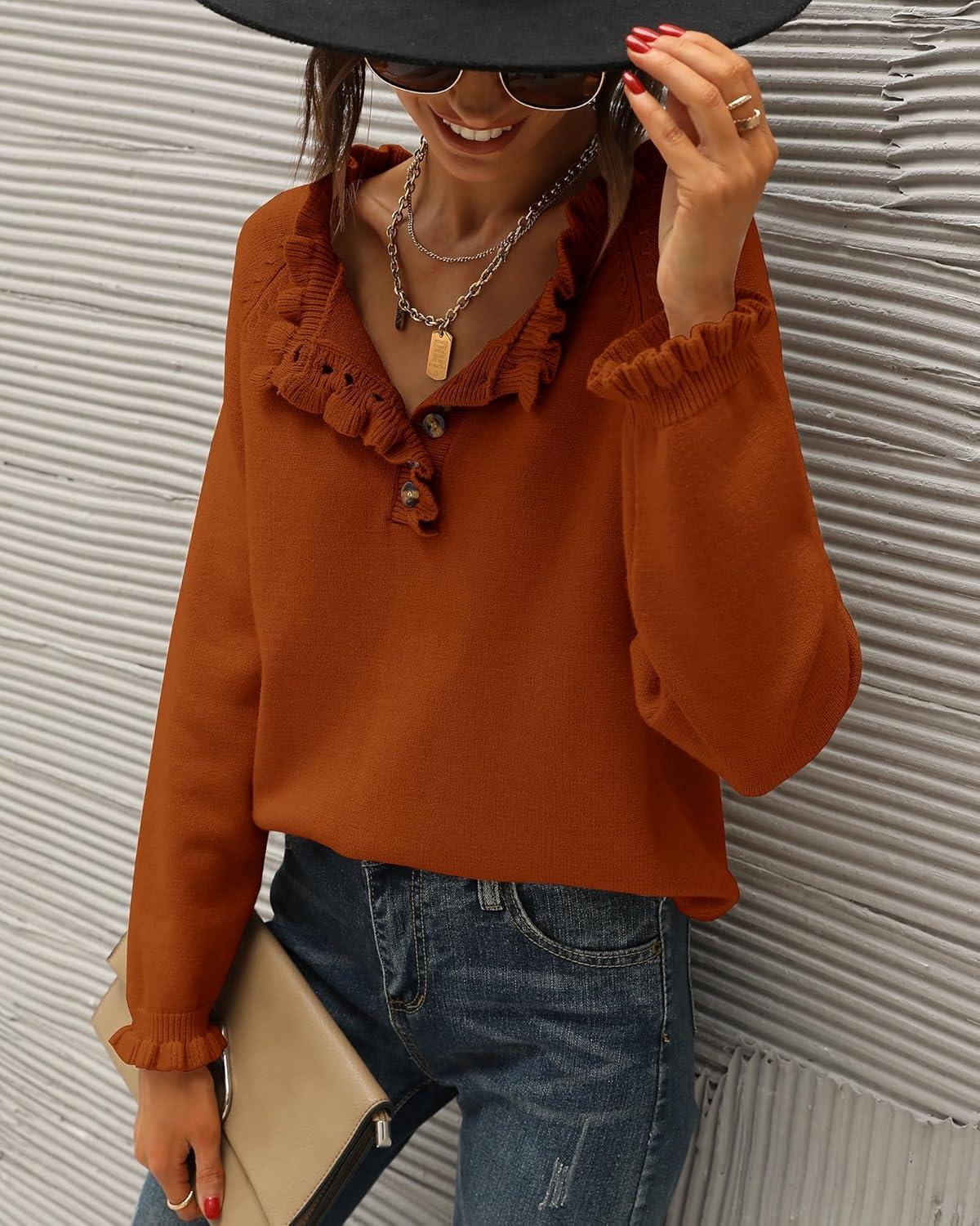 imageBTFBM Womens Sweaters Fall Winter Clothes 2025 Long Sleeve Button Down Ruffle Crew Neck Casual Knitted Pullover TopsOrange Yellow