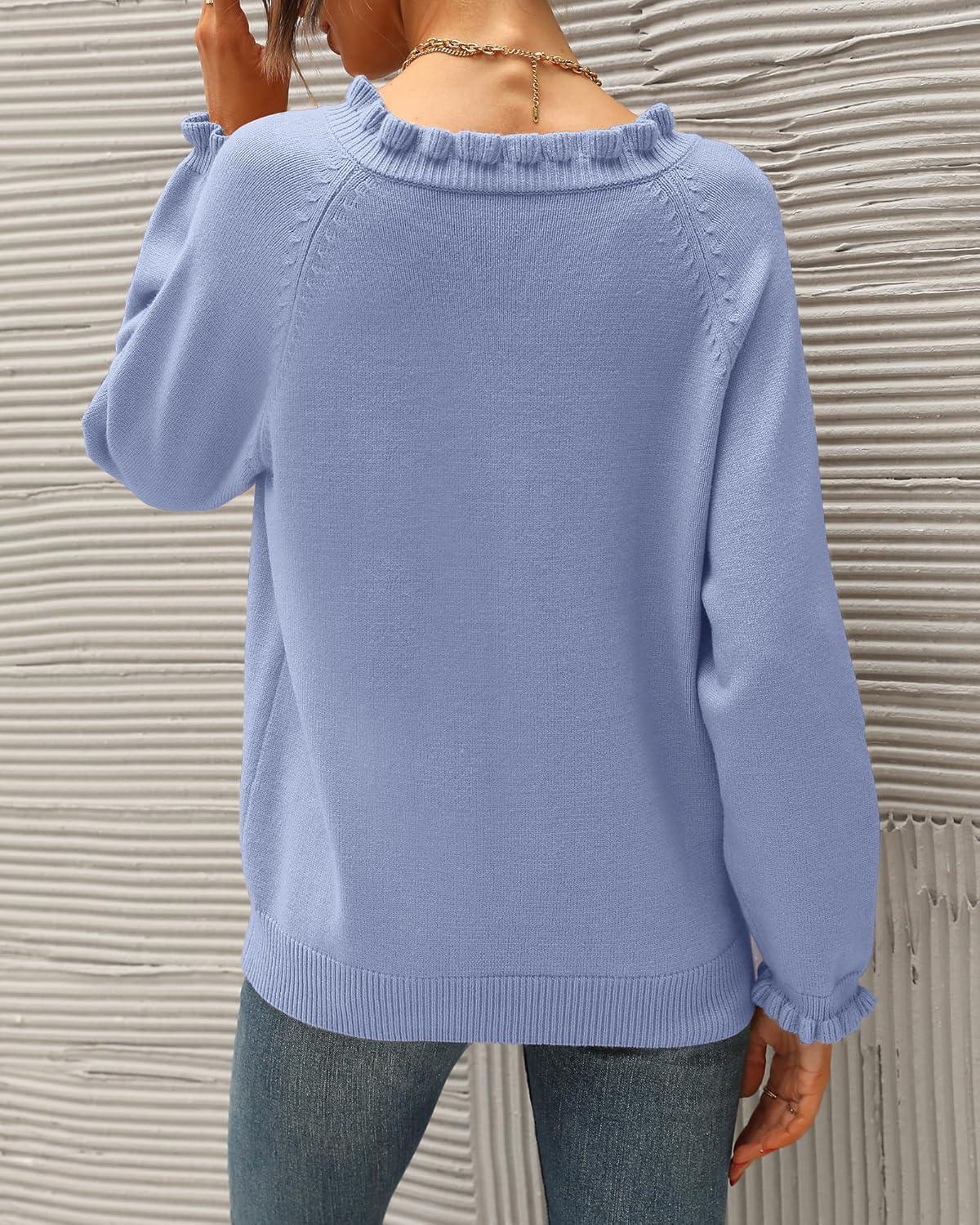 imageBTFBM Womens Sweaters Fall Winter Clothes 2025 Long Sleeve Button Down Ruffle Crew Neck Casual Knitted Pullover TopsSky Blue