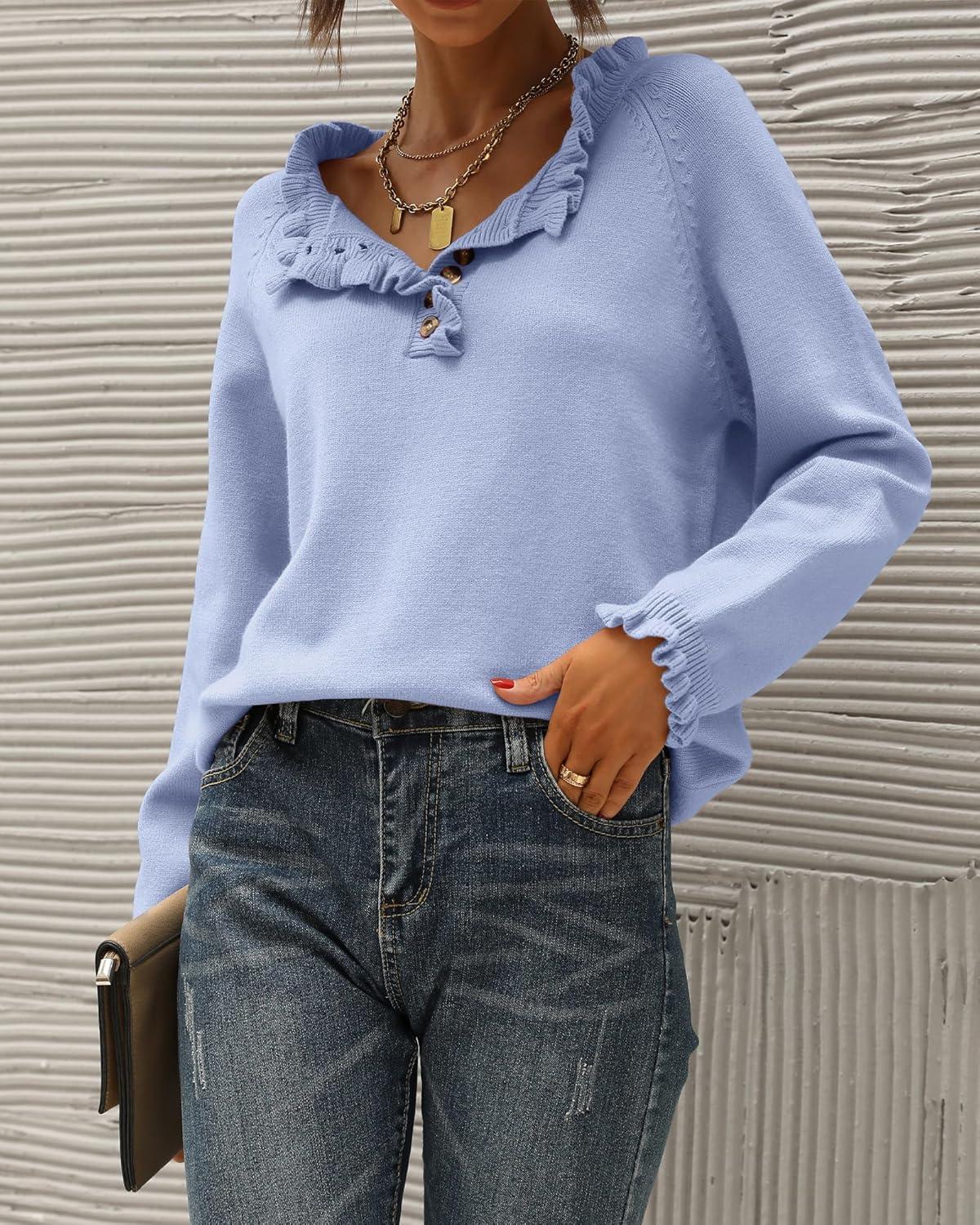 imageBTFBM Womens Sweaters Fall Winter Clothes 2025 Long Sleeve Button Down Ruffle Crew Neck Casual Knitted Pullover TopsSky Blue