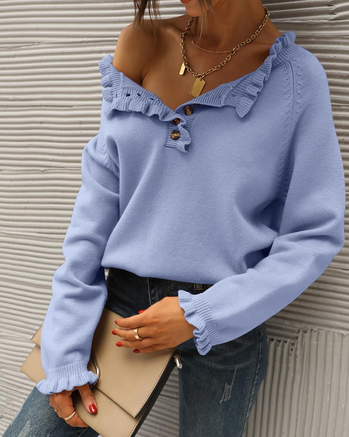 imageBTFBM Womens Sweaters Fall Winter Clothes 2025 Long Sleeve Button Down Ruffle Crew Neck Casual Knitted Pullover TopsSky Blue