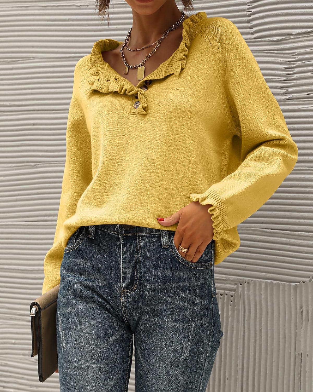 imageBTFBM Womens Sweaters Fall Winter Clothes 2025 Long Sleeve Button Down Ruffle Crew Neck Casual Knitted Pullover TopsYellow