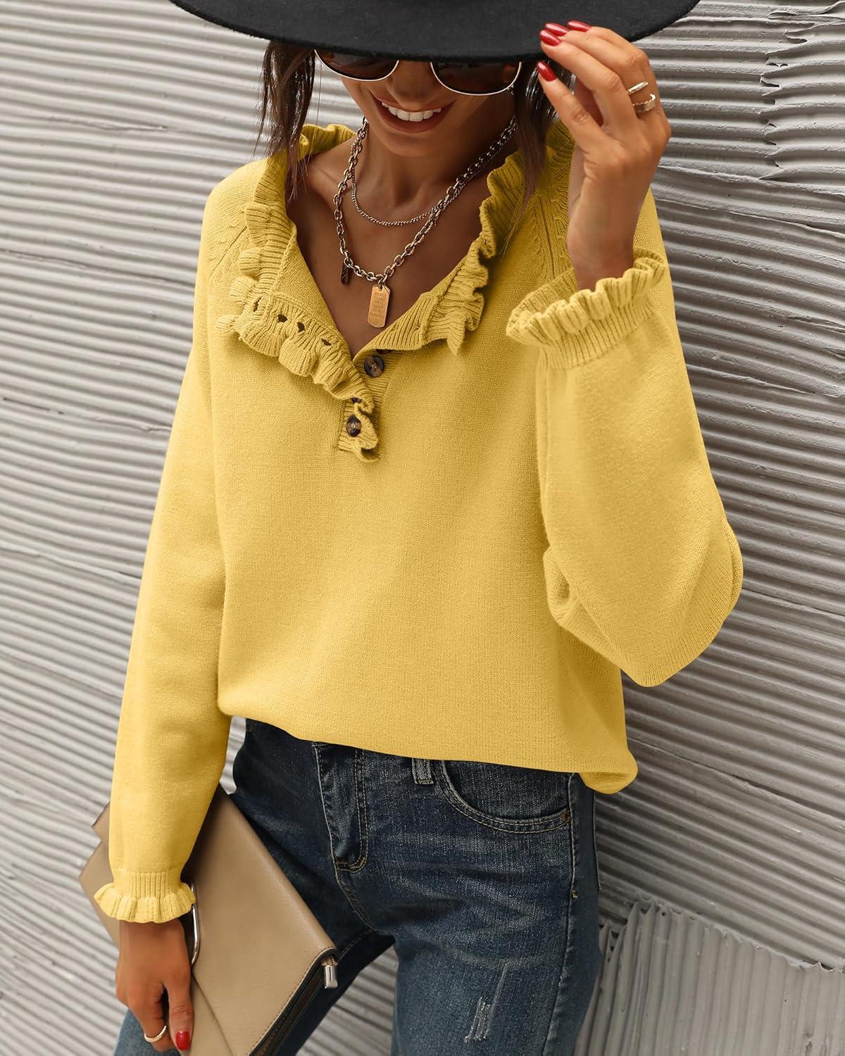 imageBTFBM Womens Sweaters Fall Winter Clothes 2025 Long Sleeve Button Down Ruffle Crew Neck Casual Knitted Pullover TopsYellow