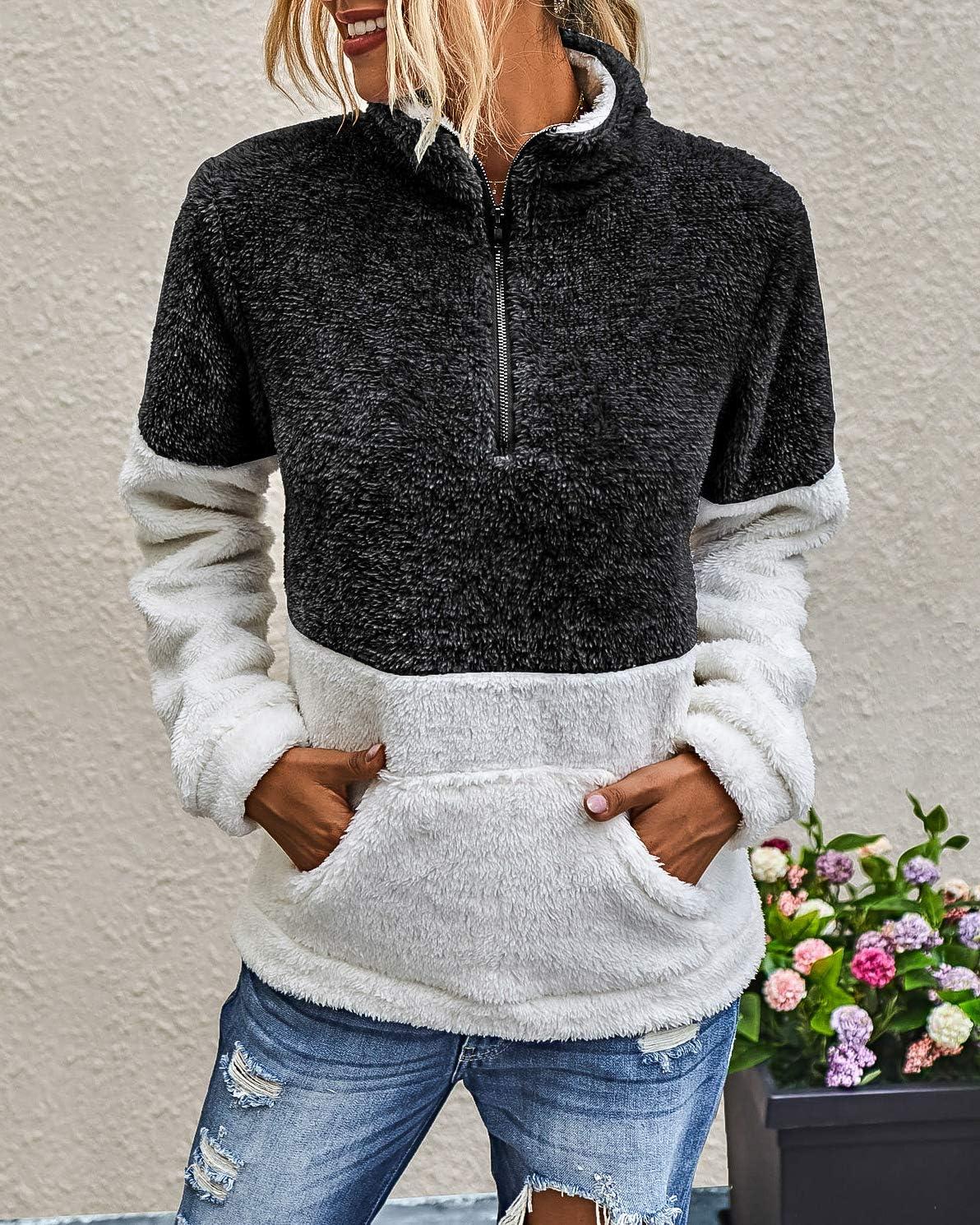 imageBTFBM Womens Sweatshirt Sherpa Quarter Zip Pullover Fall Winter 2025 Long Sleeve Fleece Sweaters Hoodies SweatshirtsBlack