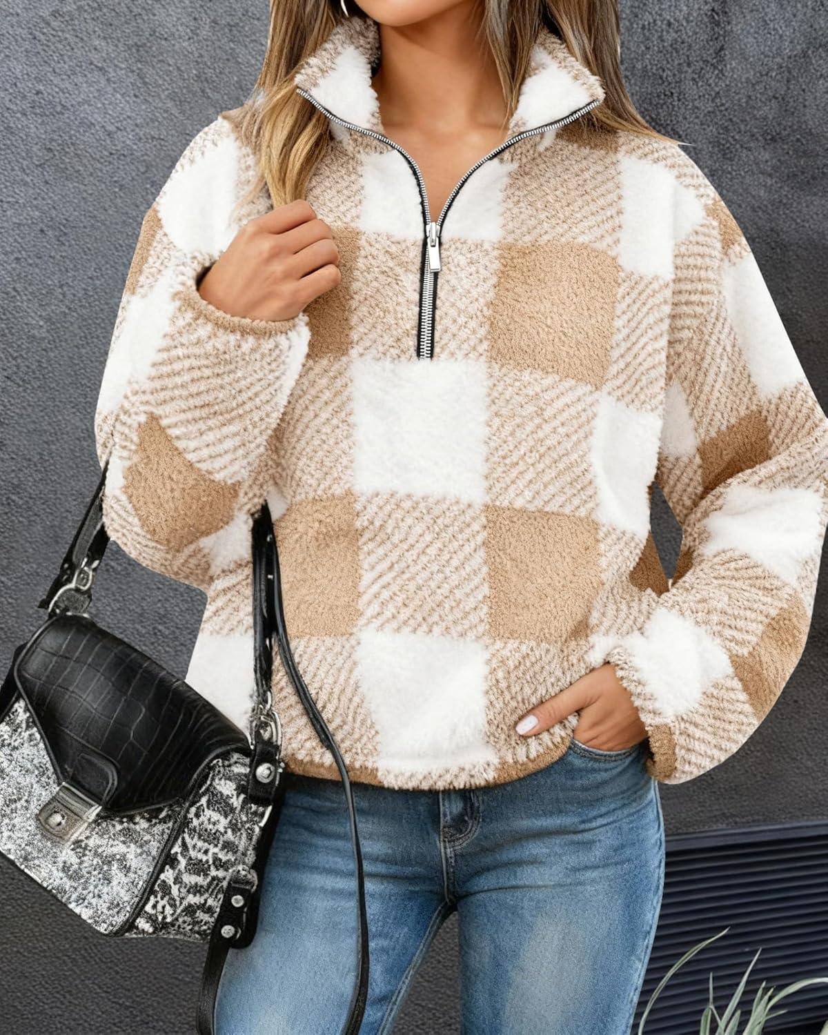 imageBTFBM Womens Sweatshirt Sherpa Quarter Zip Pullover Fall Winter 2025 Long Sleeve Fleece Sweaters Hoodies SweatshirtsPlaid Apricot