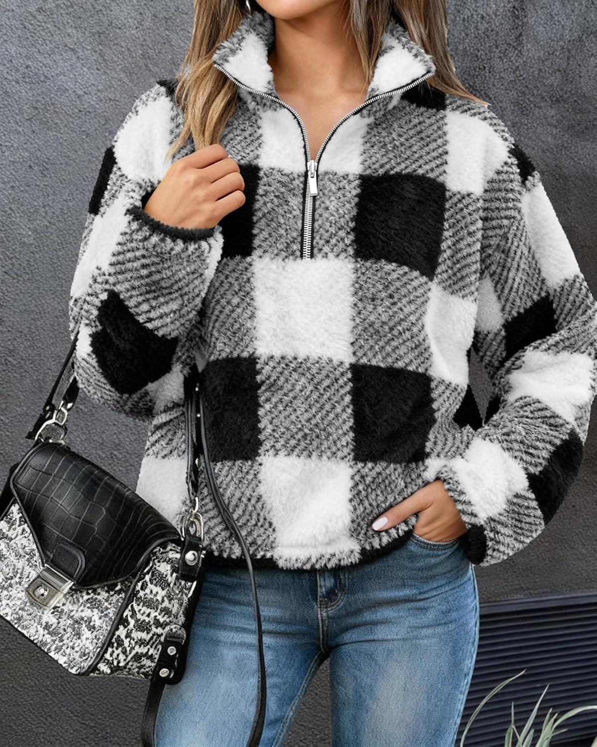imageBTFBM Womens Sweatshirt Sherpa Quarter Zip Pullover Fall Winter 2025 Long Sleeve Fleece Sweaters Hoodies SweatshirtsPlaid Black