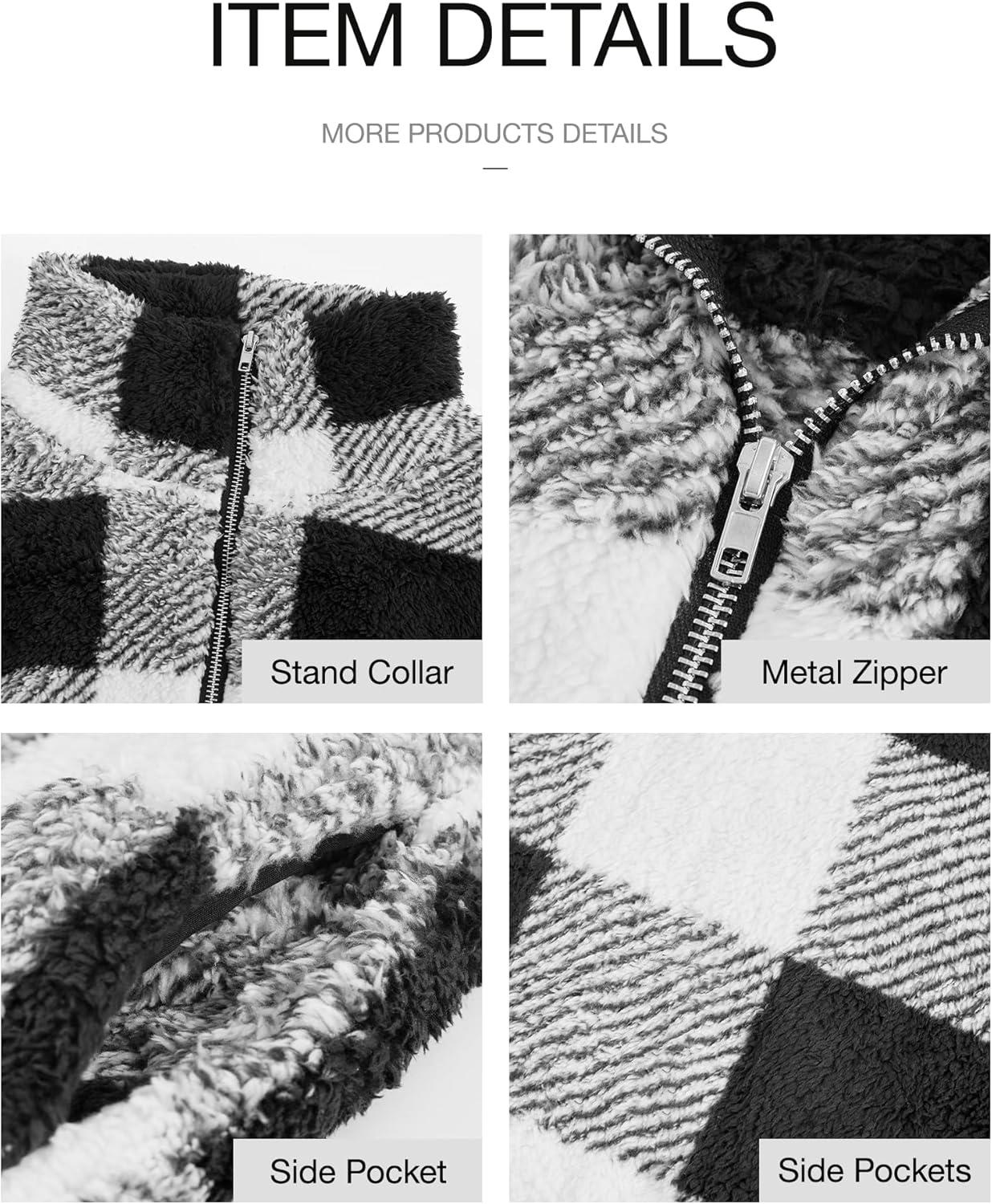 imageBTFBM Womens Sweatshirt Sherpa Quarter Zip Pullover Fall Winter 2025 Long Sleeve Fleece Sweaters Hoodies SweatshirtsPlaid Black