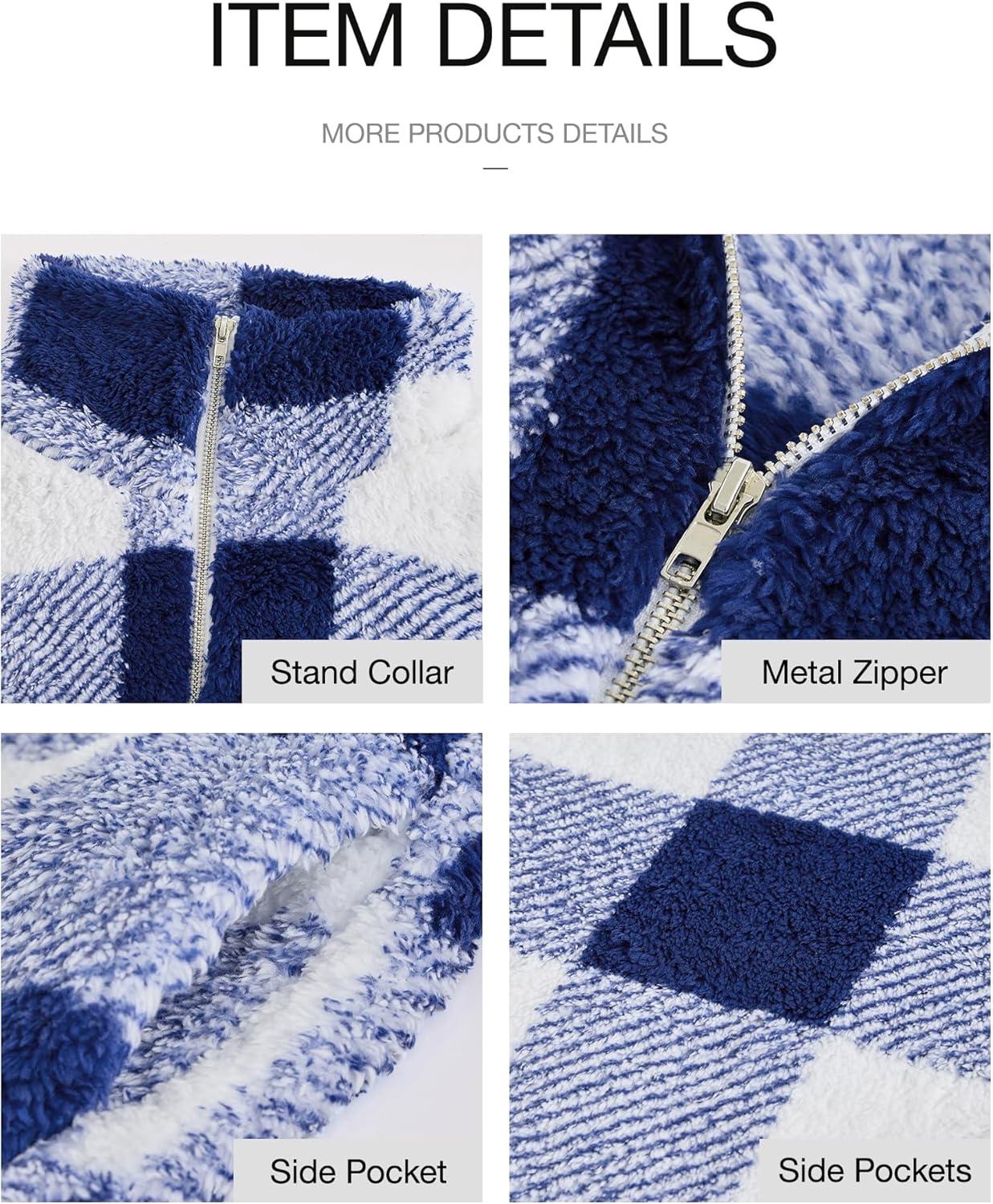 imageBTFBM Womens Sweatshirt Sherpa Quarter Zip Pullover Fall Winter 2025 Long Sleeve Fleece Sweaters Hoodies SweatshirtsPlaid Blue