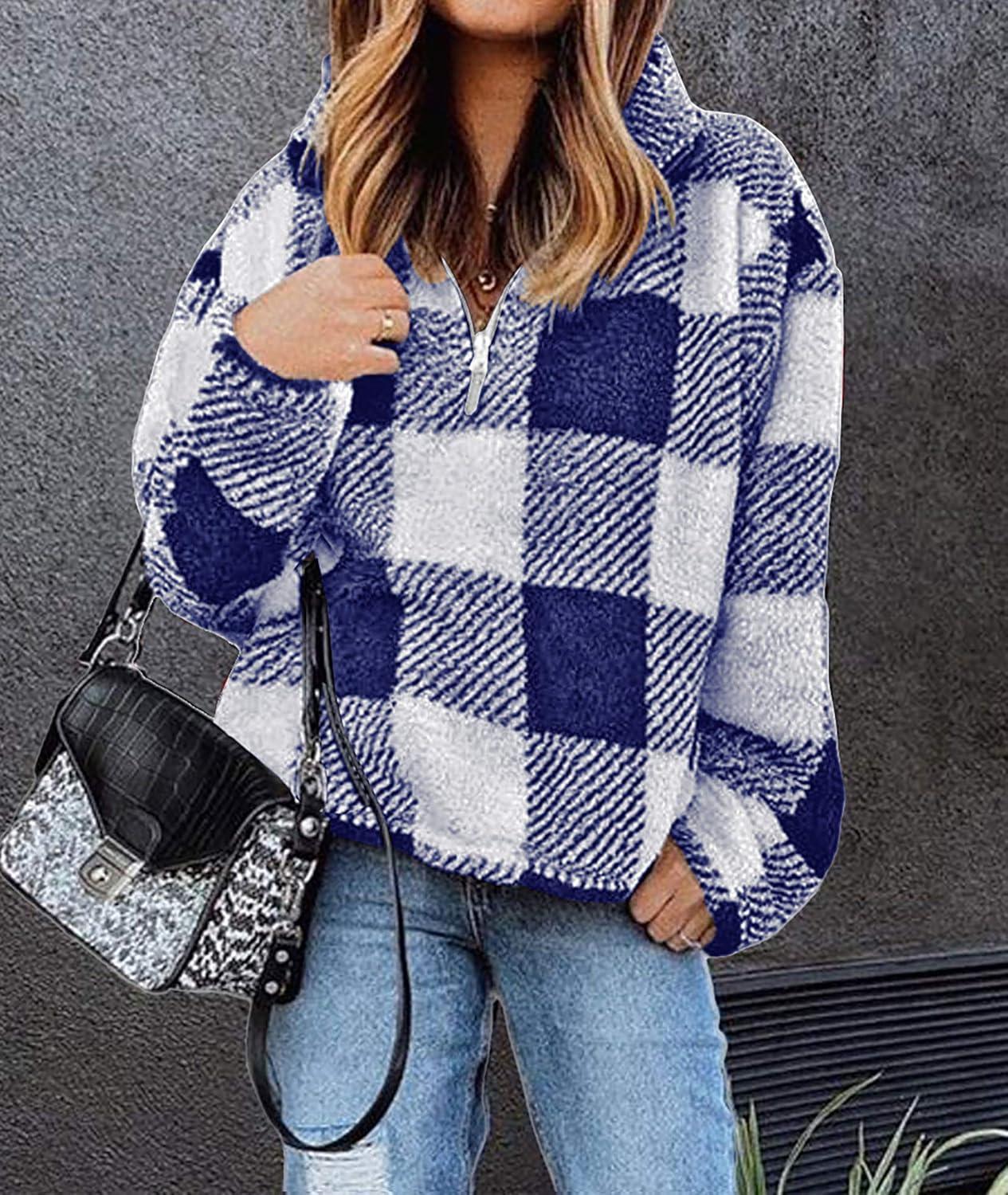 imageBTFBM Womens Sweatshirt Sherpa Quarter Zip Pullover Fall Winter 2025 Long Sleeve Fleece Sweaters Hoodies SweatshirtsPlaid Blue