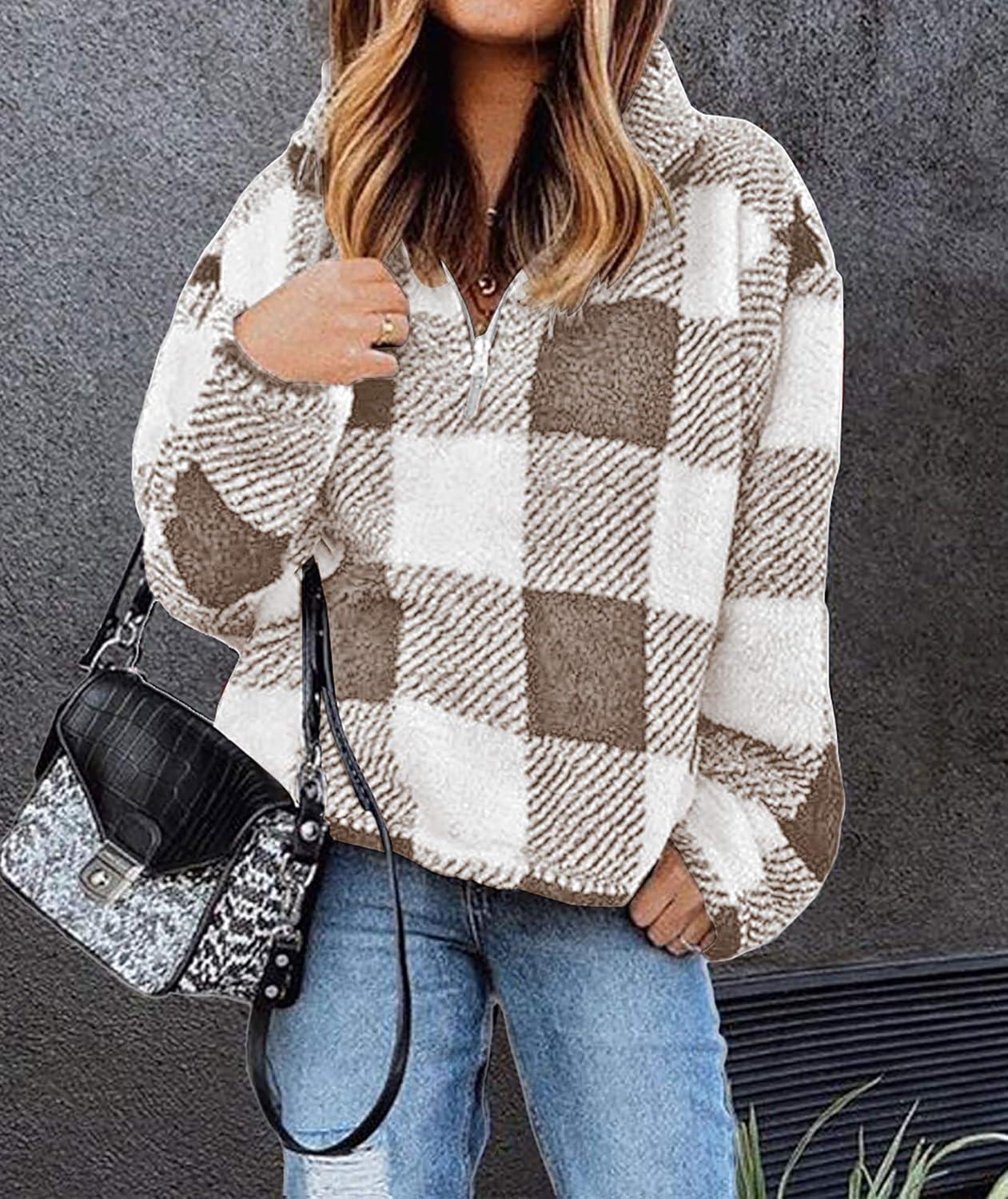 imageBTFBM Womens Sweatshirt Sherpa Quarter Zip Pullover Fall Winter 2025 Long Sleeve Fleece Sweaters Hoodies SweatshirtsPlaid Khaki