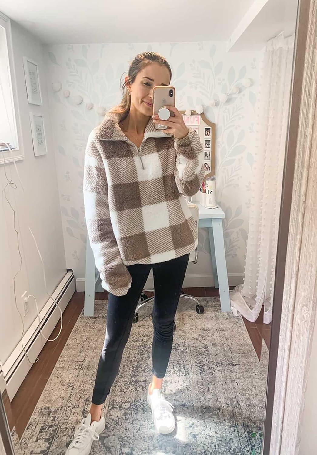 imageBTFBM Womens Sweatshirt Sherpa Quarter Zip Pullover Fall Winter 2025 Long Sleeve Fleece Sweaters Hoodies SweatshirtsPlaid Khaki