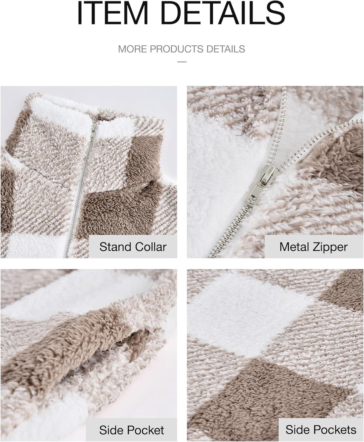 imageBTFBM Womens Sweatshirt Sherpa Quarter Zip Pullover Fall Winter 2025 Long Sleeve Fleece Sweaters Hoodies SweatshirtsPlaid Khaki