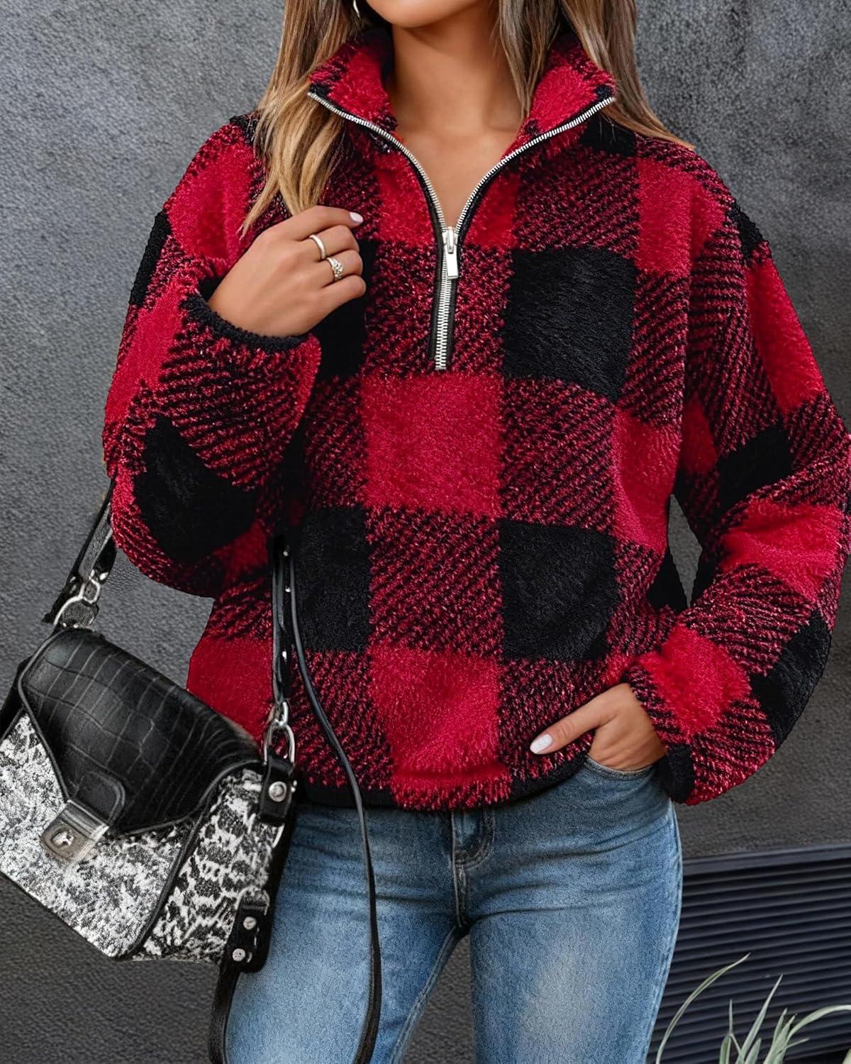 imageBTFBM Womens Sweatshirt Sherpa Quarter Zip Pullover Fall Winter 2025 Long Sleeve Fleece Sweaters Hoodies SweatshirtsPlaid Red