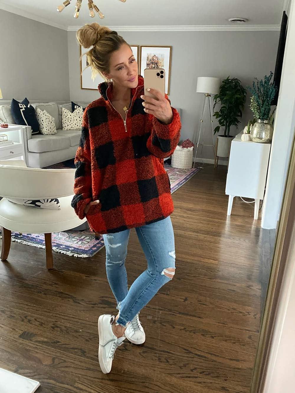 imageBTFBM Womens Sweatshirt Sherpa Quarter Zip Pullover Fall Winter 2025 Long Sleeve Fleece Sweaters Hoodies SweatshirtsPlaid Red